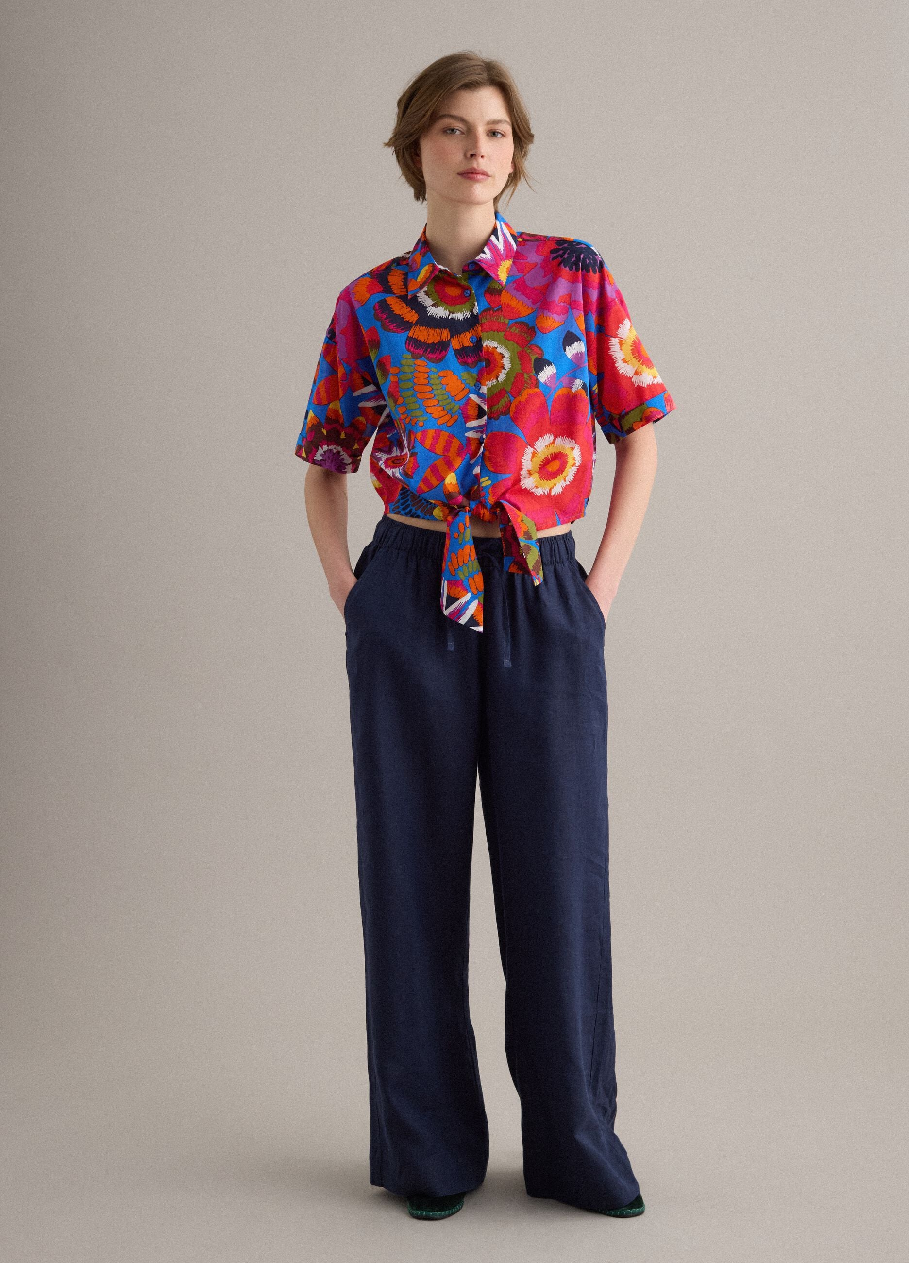 Multicoloured pure cotton crop shirt