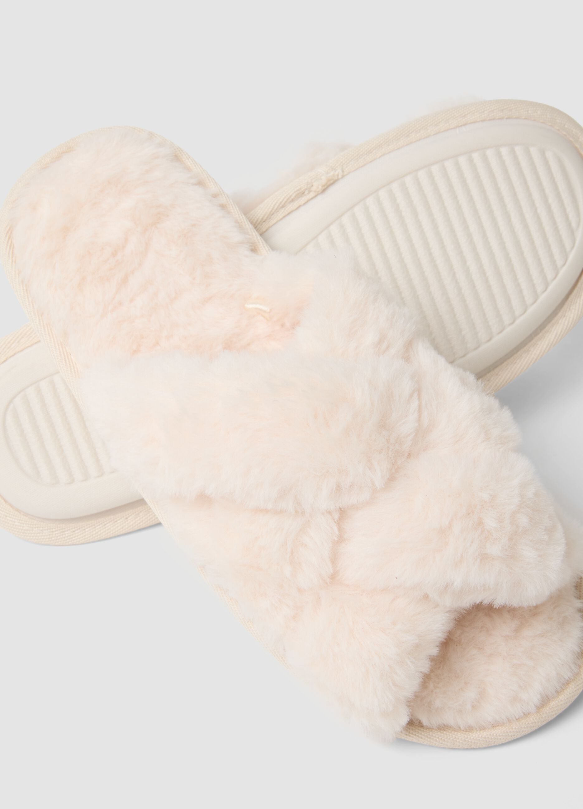 White cross-strap faux-fur slippers