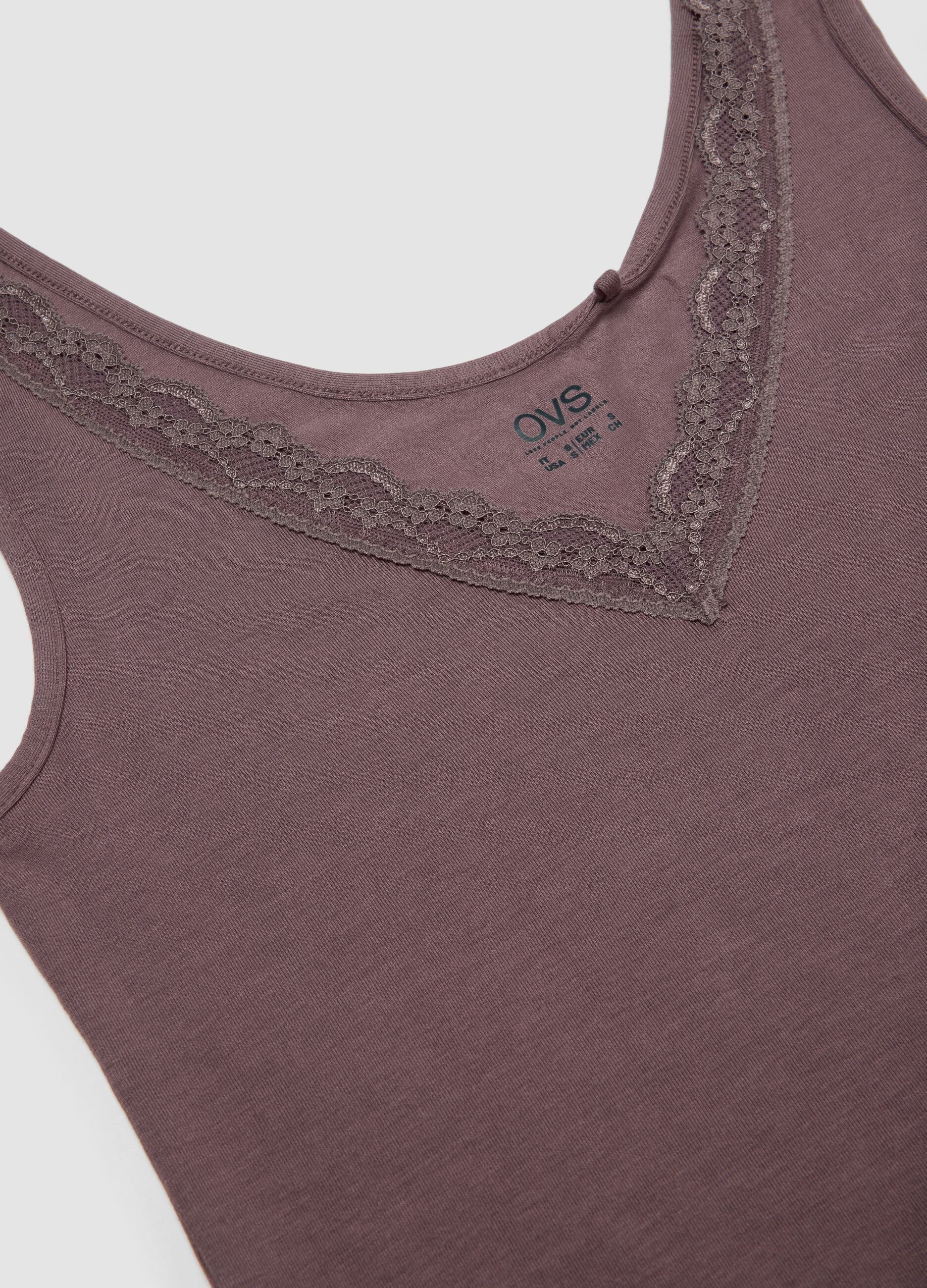 Brown stretch viscose camisole with deep V-neck and lace trim