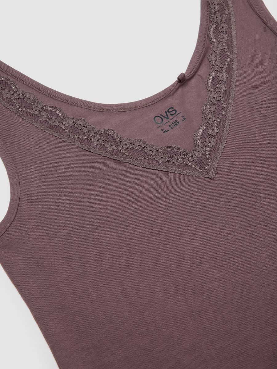 Brown stretch viscose camisole with deep V-neck and lace trim_6