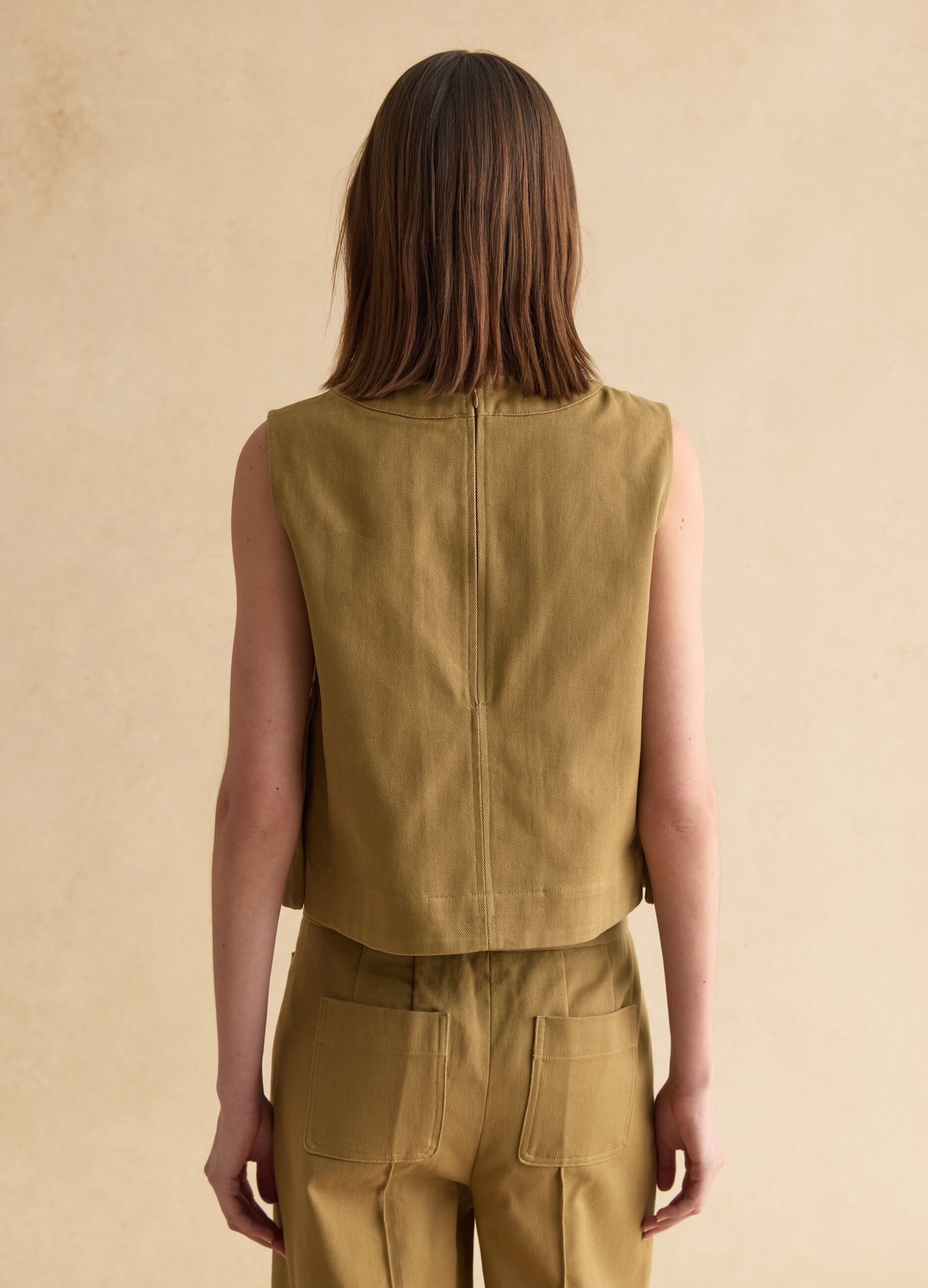 Brown Denim Sleeveless Blazer in Pure Cotton Regular Fit