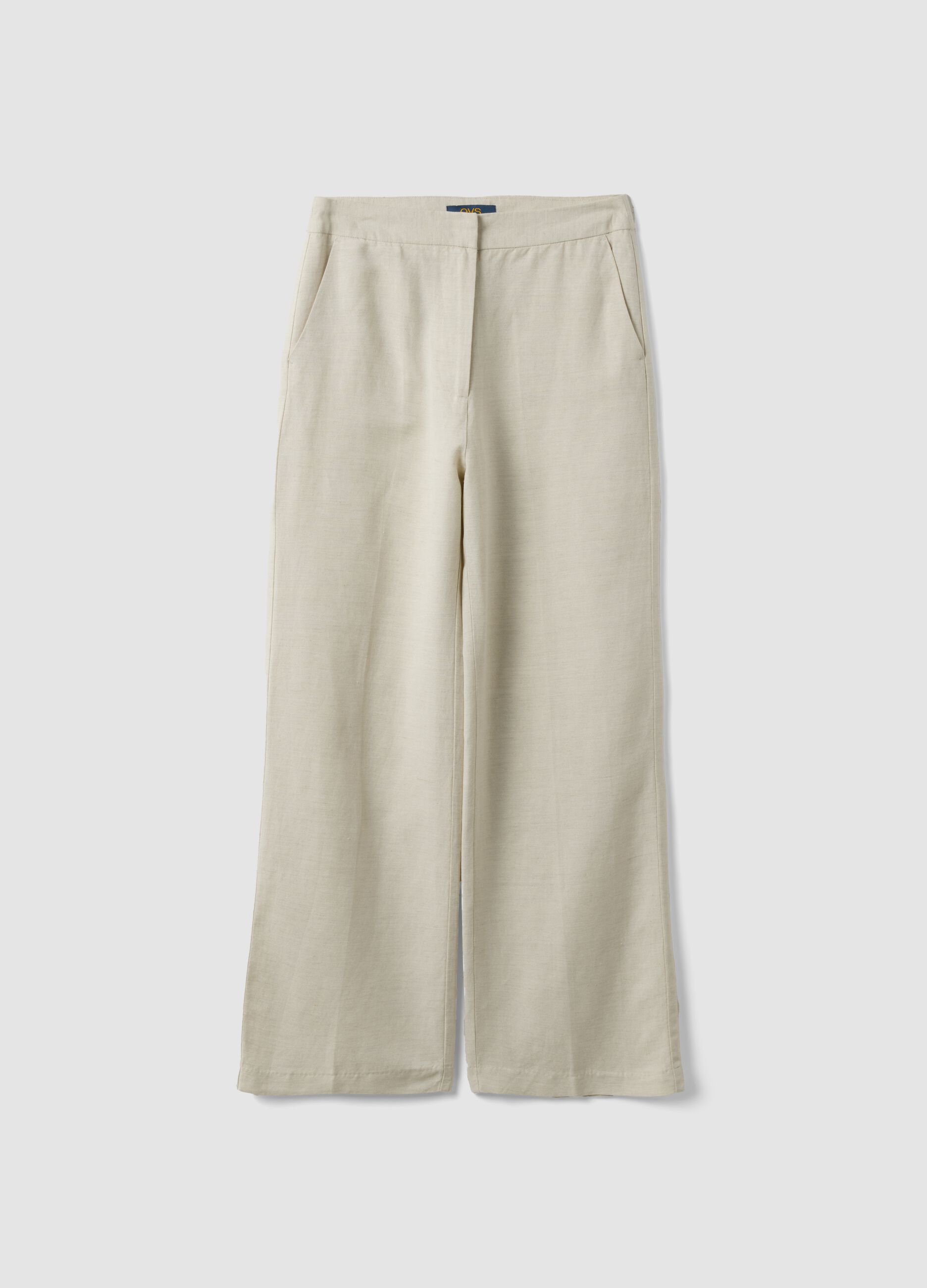 Beige linen and viscose blend straight fit trousers
