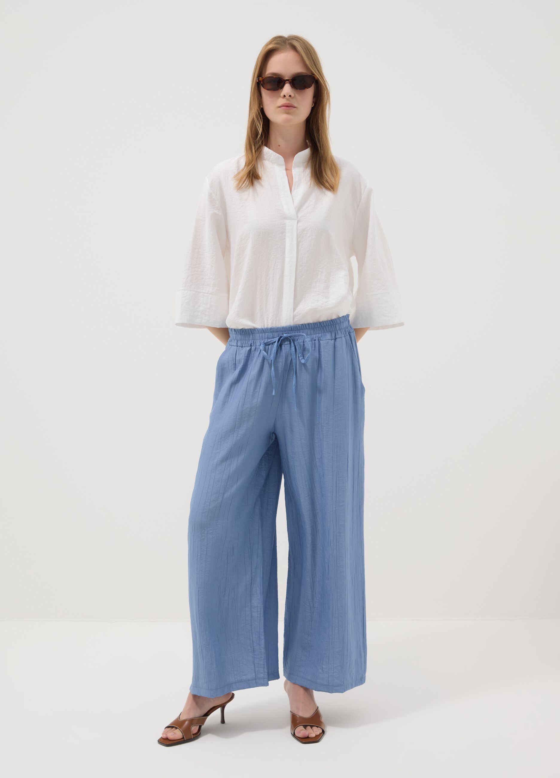 White viscose-blend shirt with mandarin collar