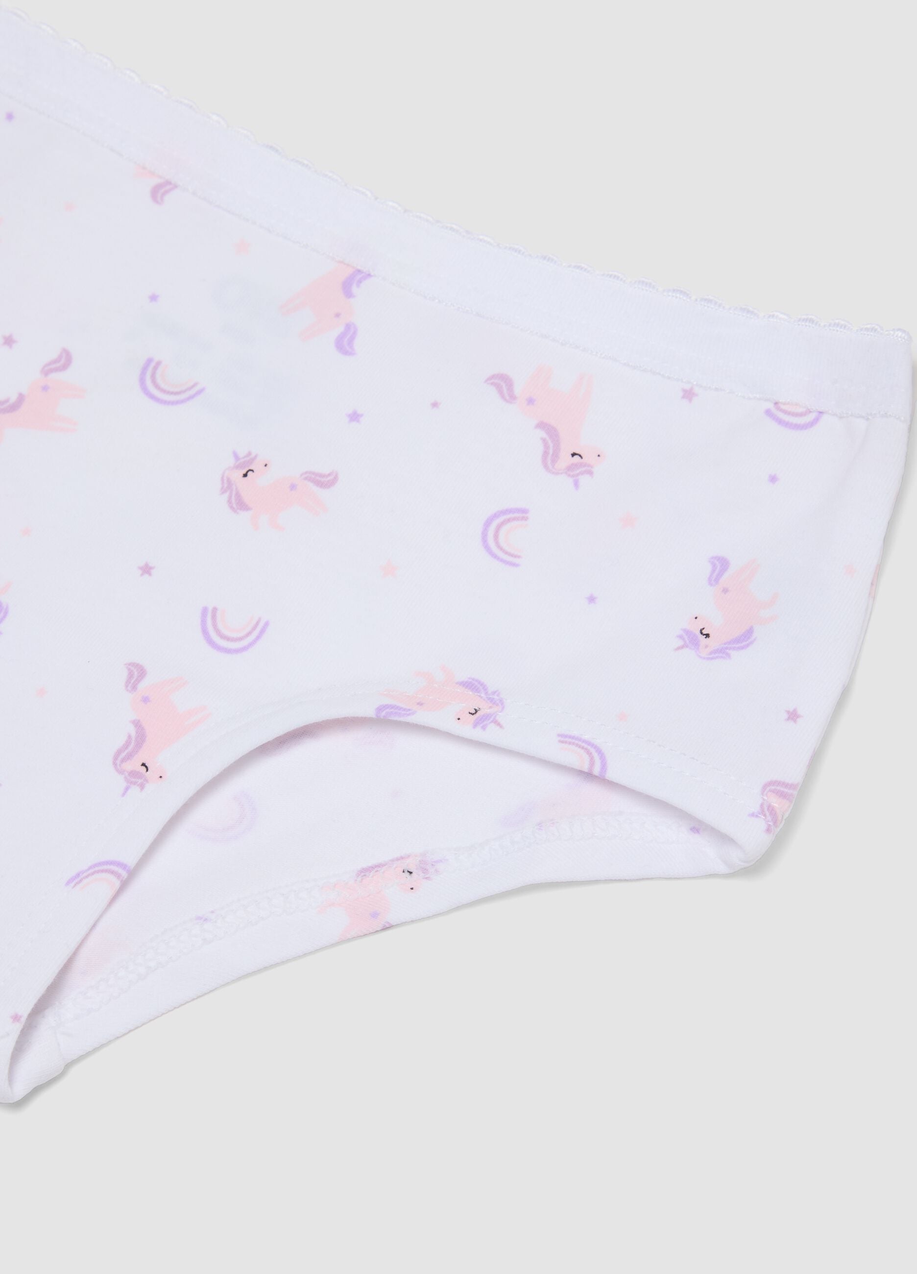 White stretch organic cotton culotte briefs with unicorn print