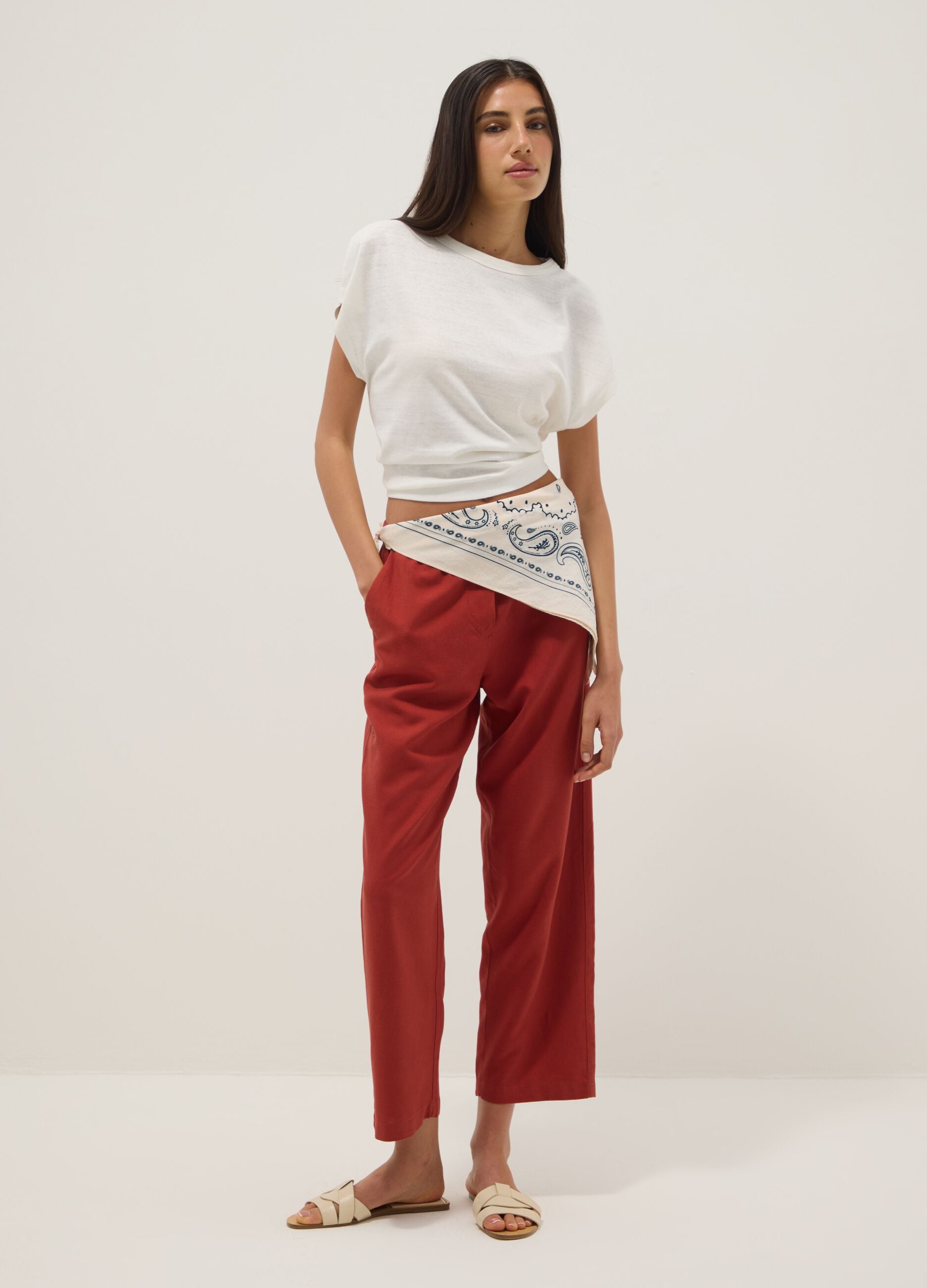White cotton and linen blend short-sleeve T-shirt, regular fit