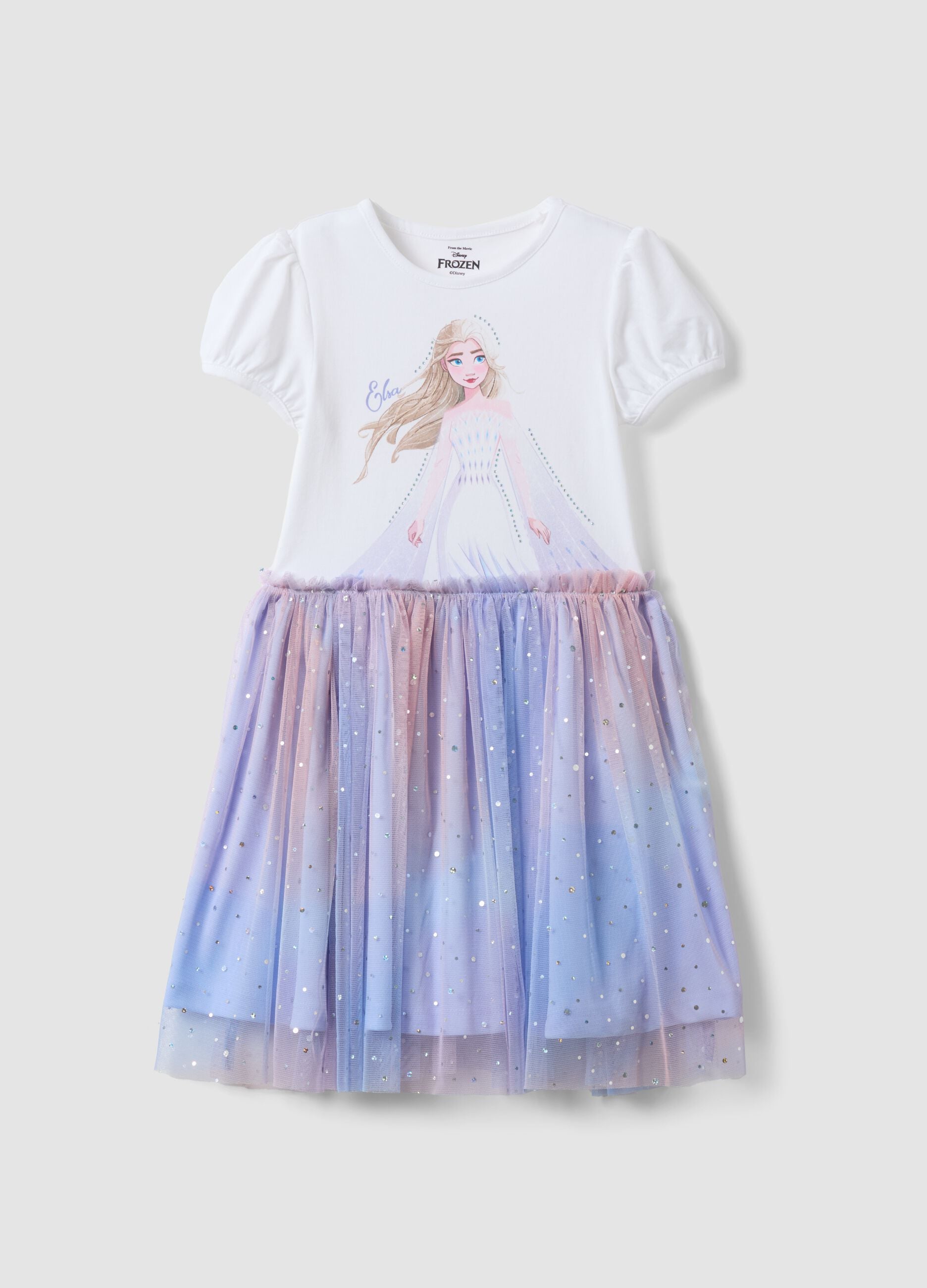 Girls&rsquo; white stretch cotton dress with tulle skirt