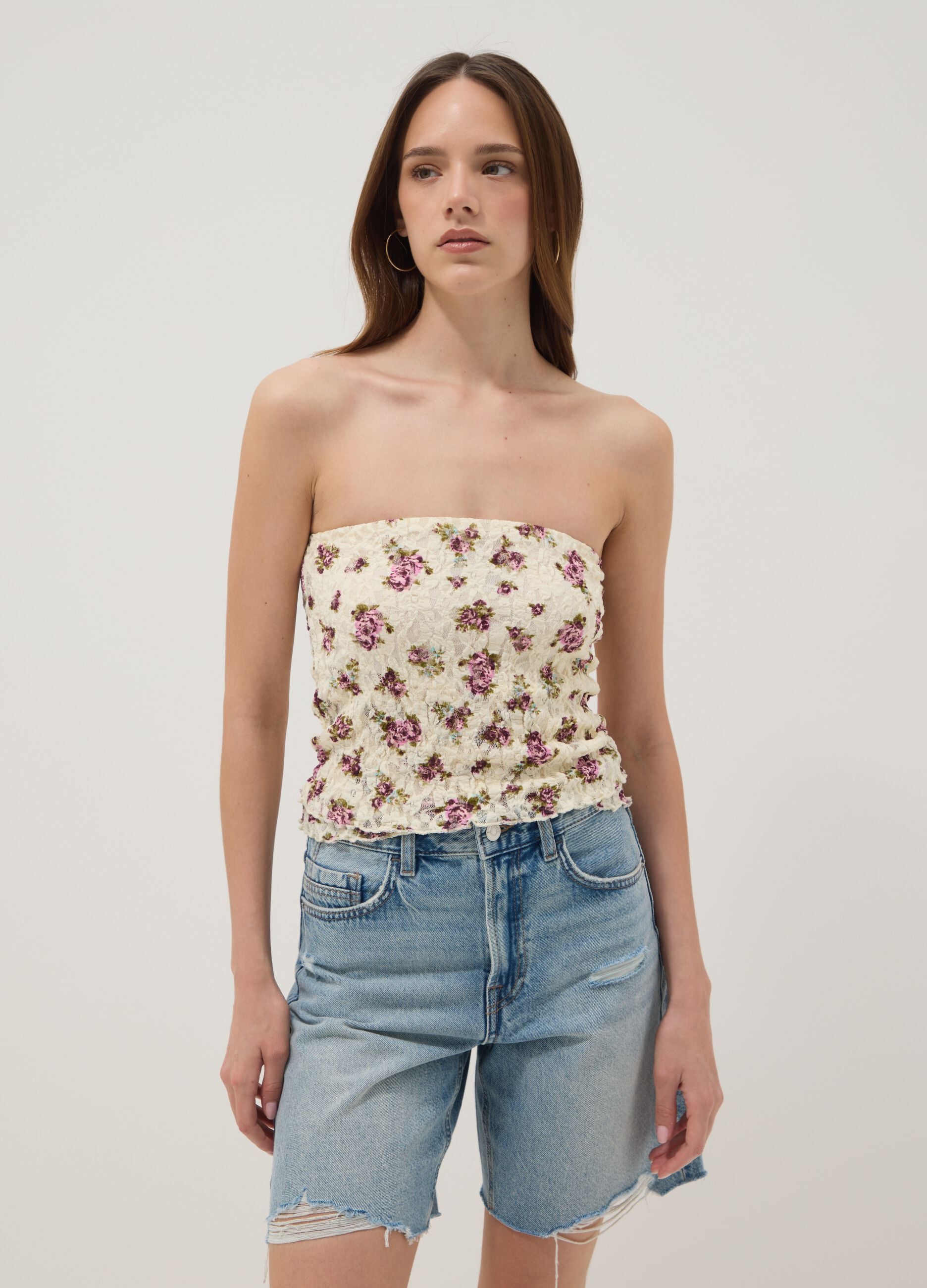Short beige floral stretch top