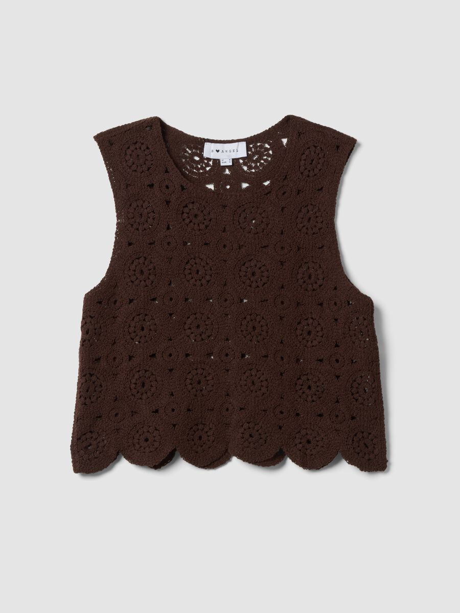 Brown cotton-blend crochet tank top, regular fit_4