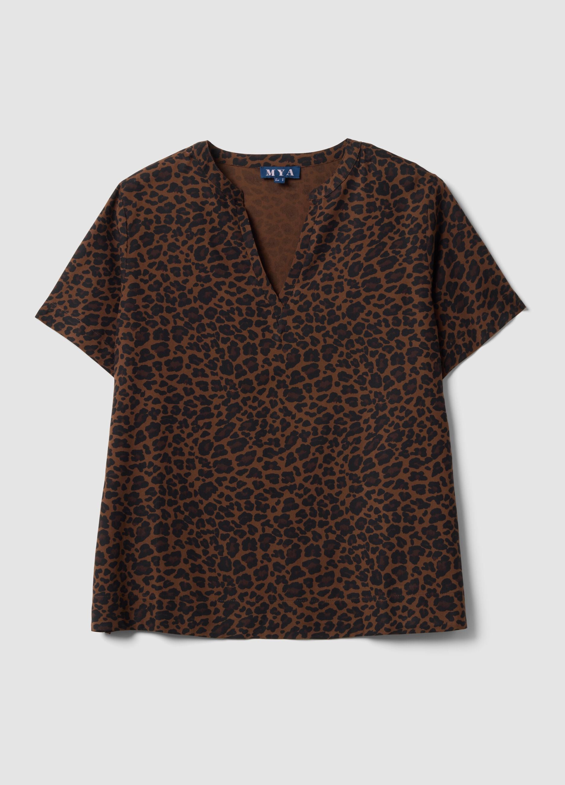 Brown pure viscose blouse with Mandarin collar and animal print, regular fit