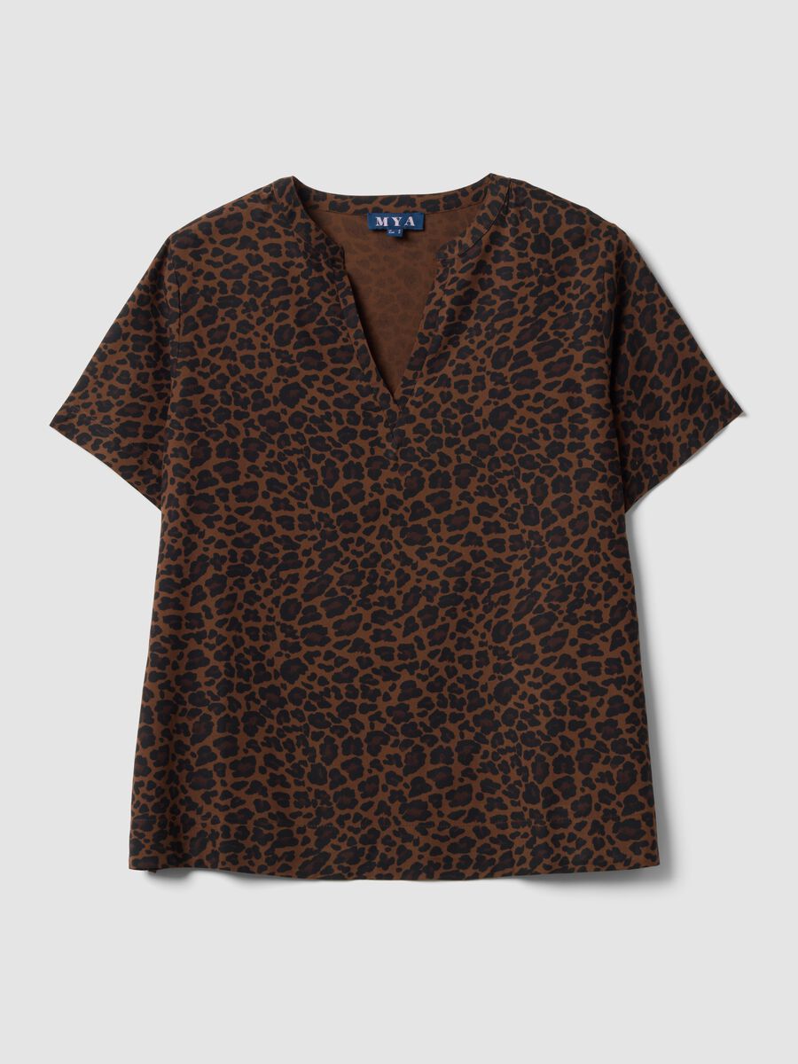 Brown pure viscose blouse with Mandarin collar and animal print, regular fit_4