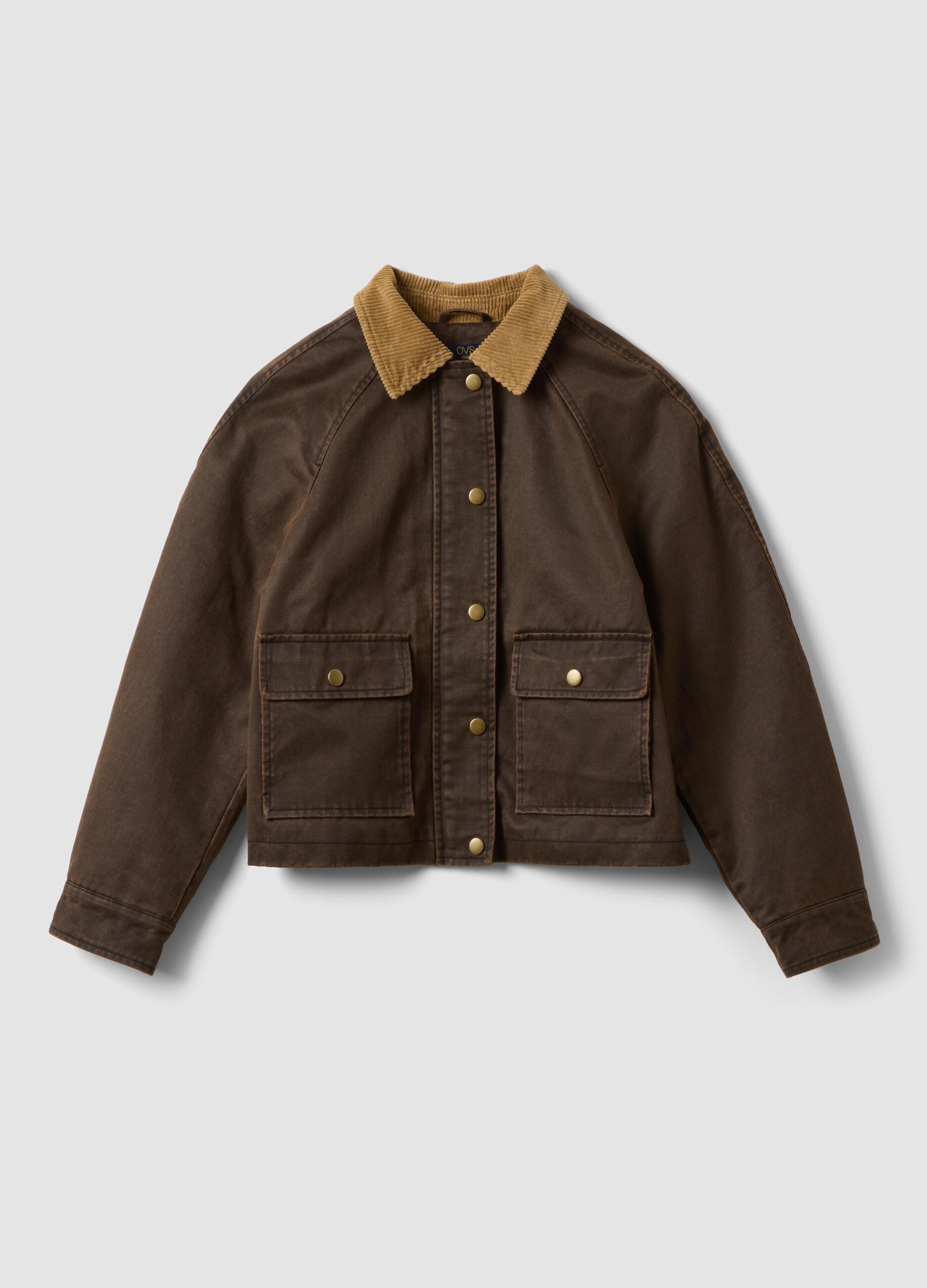 Brown cotton-blend jacket with contrast collar for girls