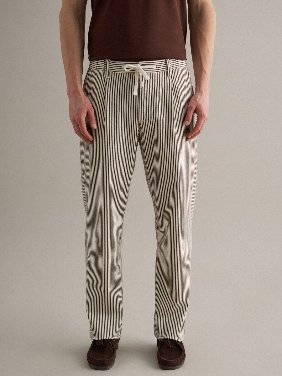 Multicolour striped stretch cotton regular fit trousers_1