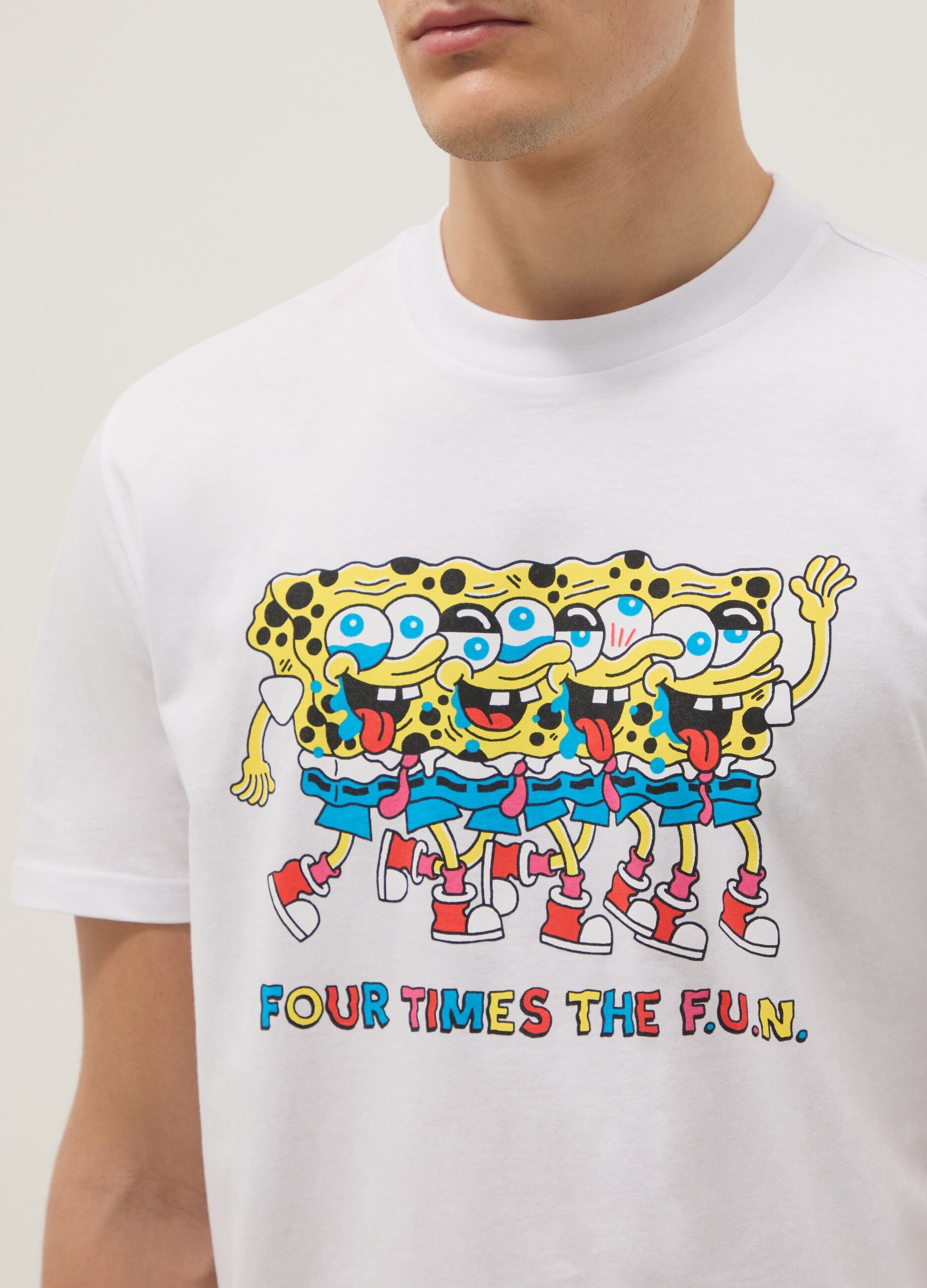 White pure cotton regular fit T-shirt with SpongeBob print