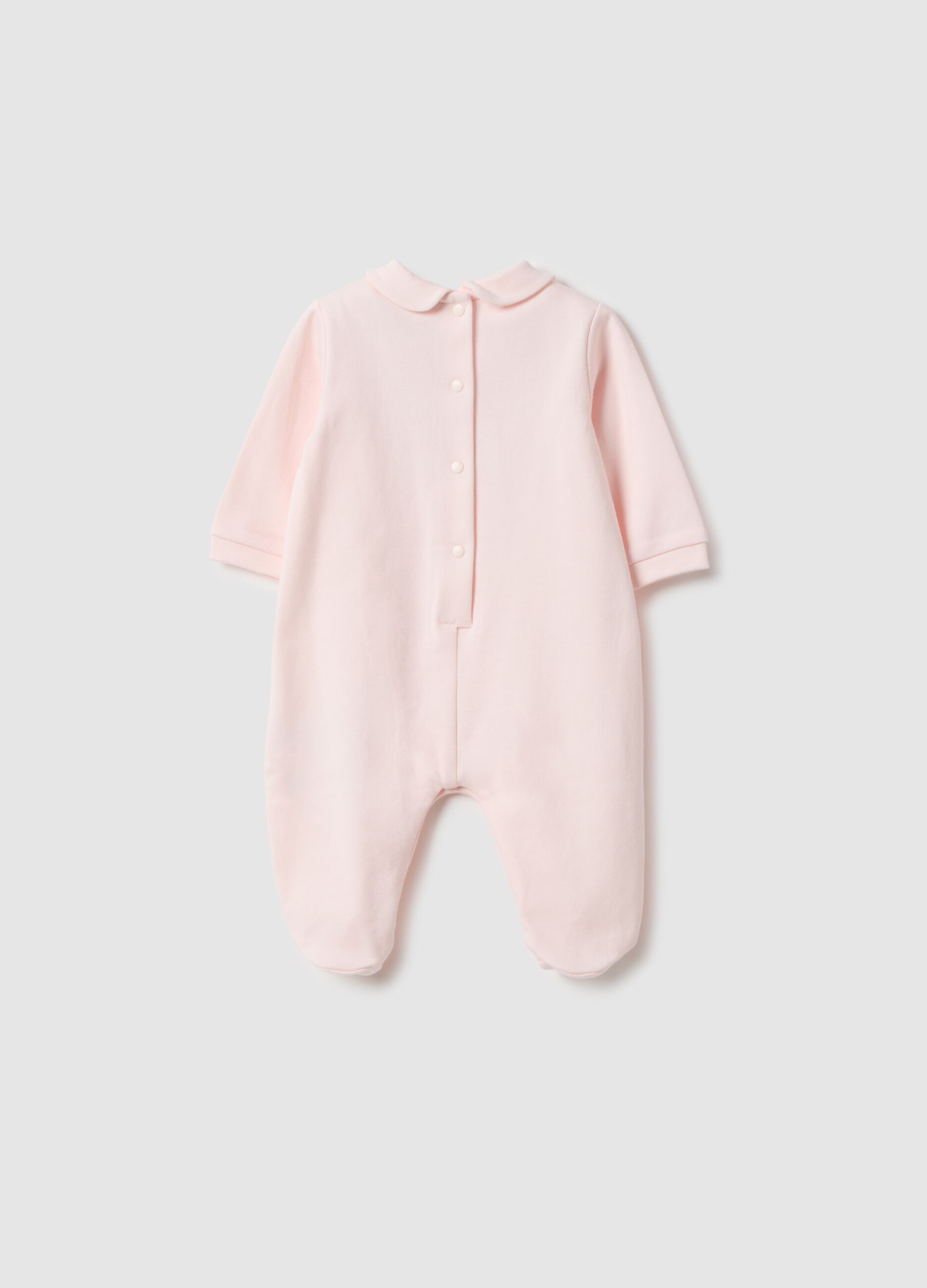 Baby pink pure cotton sleep suit with long sleeves and embroidery