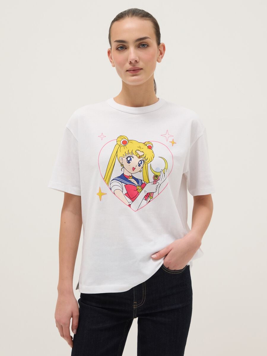 White pure cotton regular fit T-shirt with Sailor Moon print_0