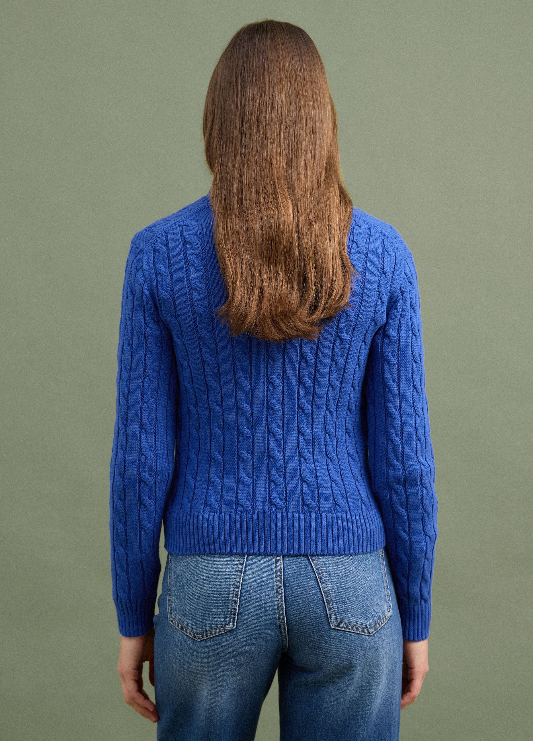 Blue pure cotton cable-knit jumper with deep V-neck