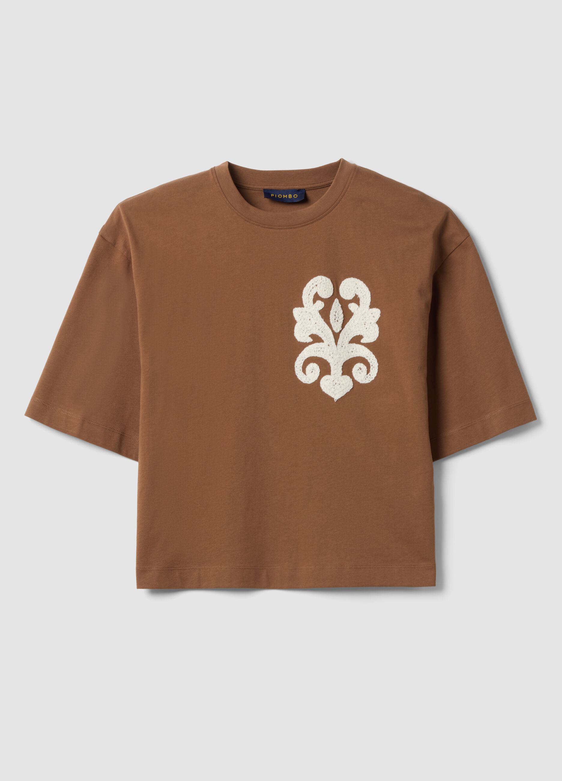 Brown pure cotton T-shirt with embroidery, regular fit