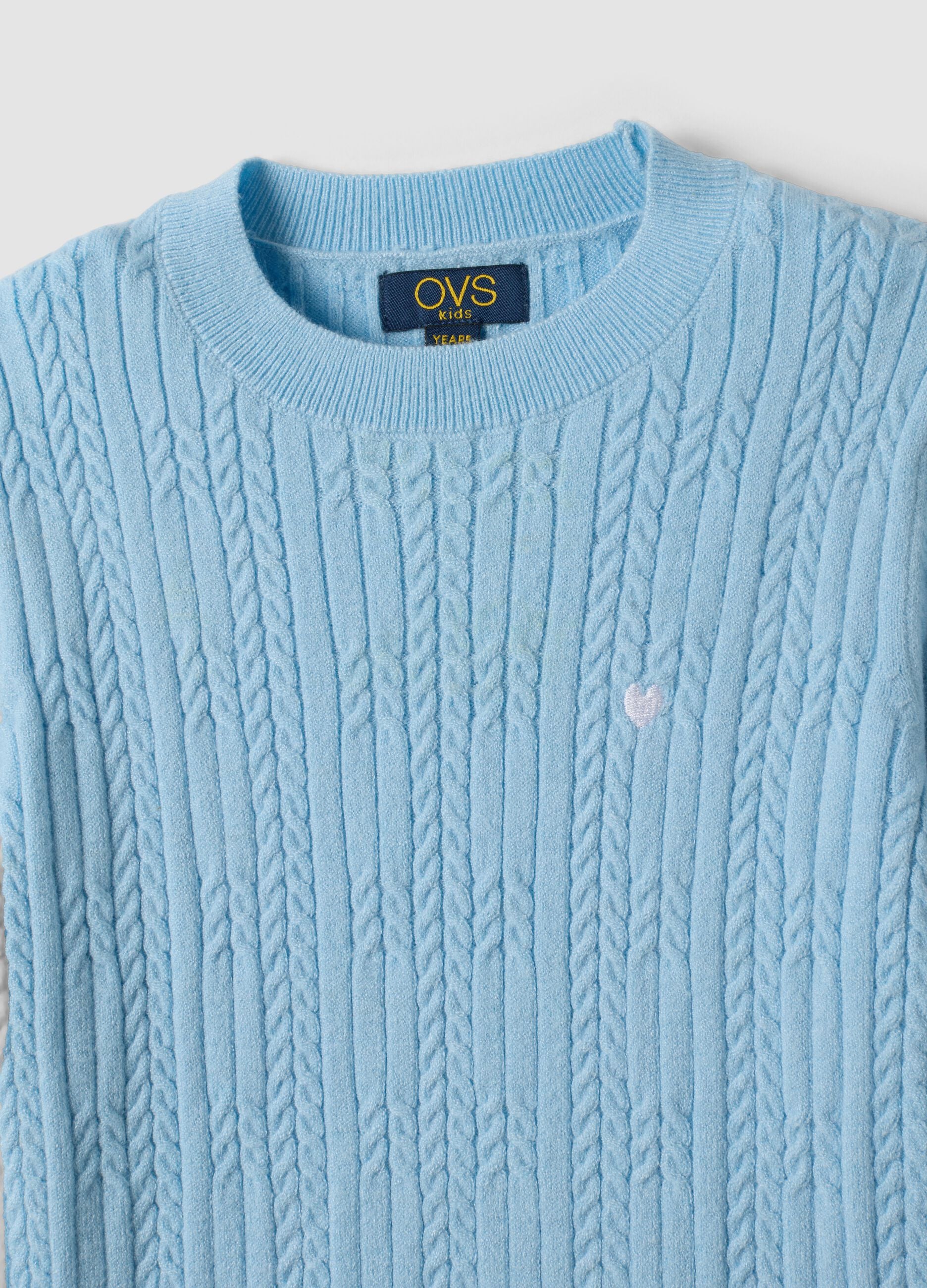 Sky-blue fitted viscose-blend cable-knit crew-neck jumper for girls