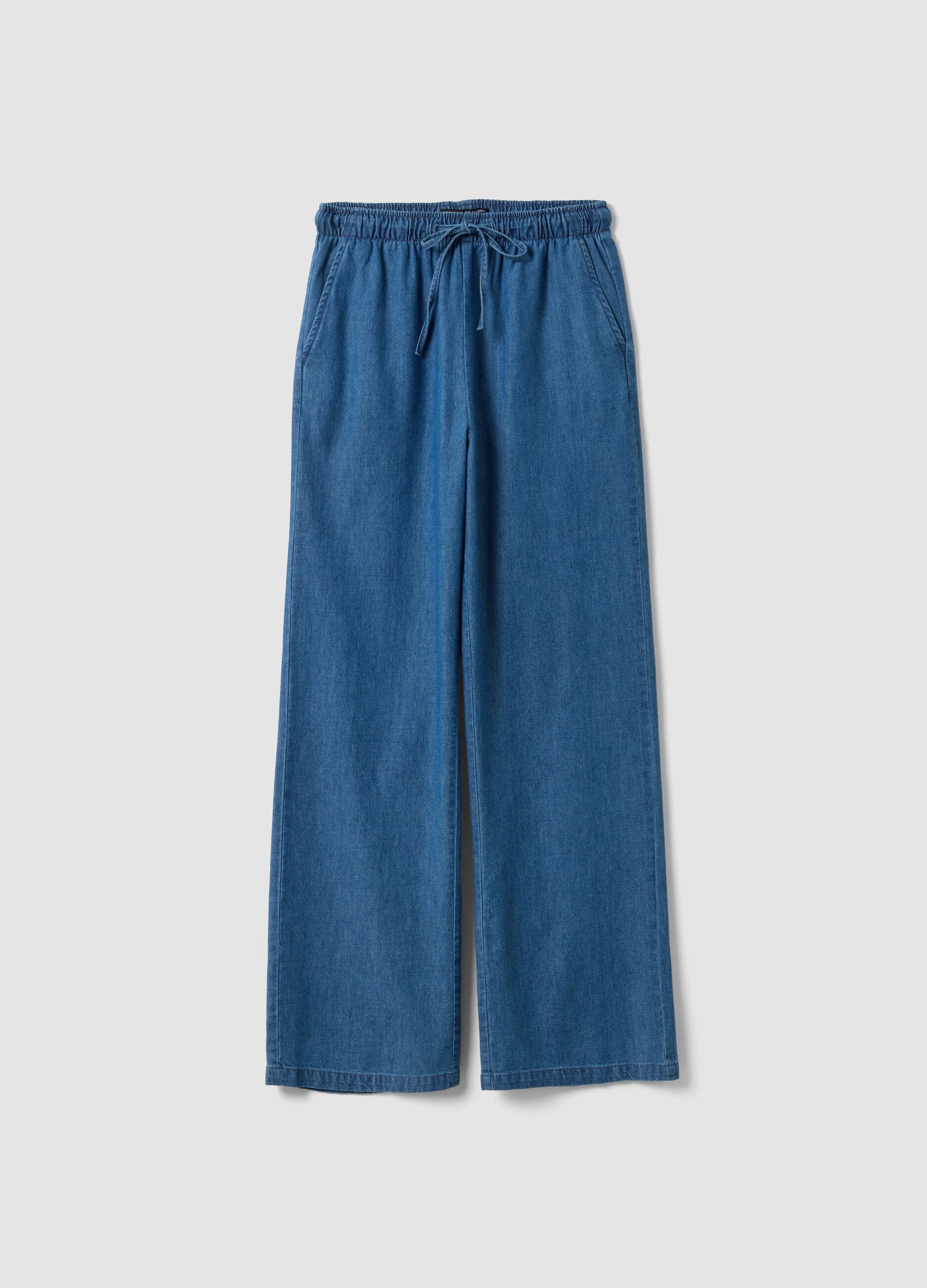 Blue pure cotton wide-leg denim trousers with drawstring
