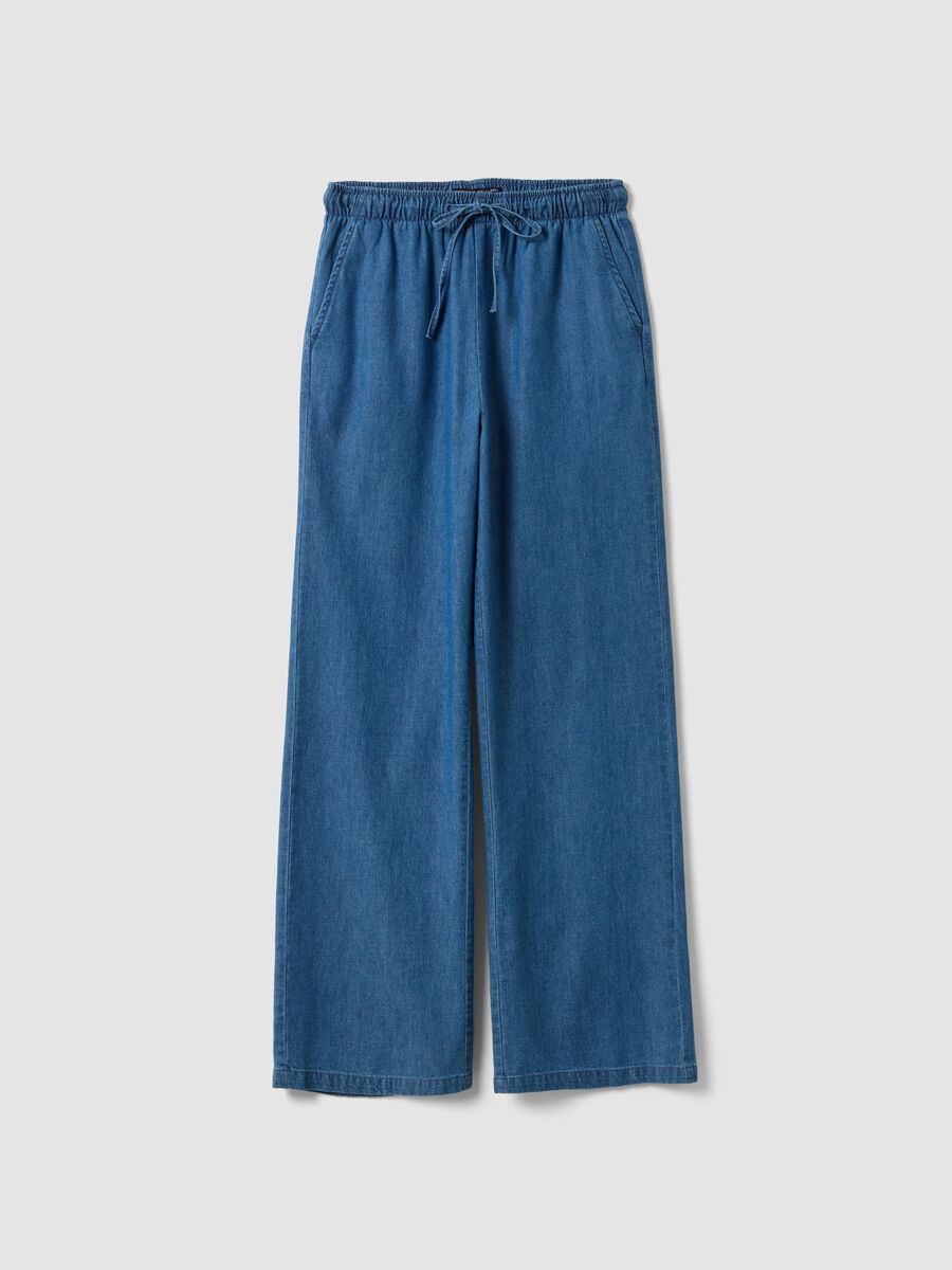 Blue pure cotton wide-leg denim trousers with drawstring_4