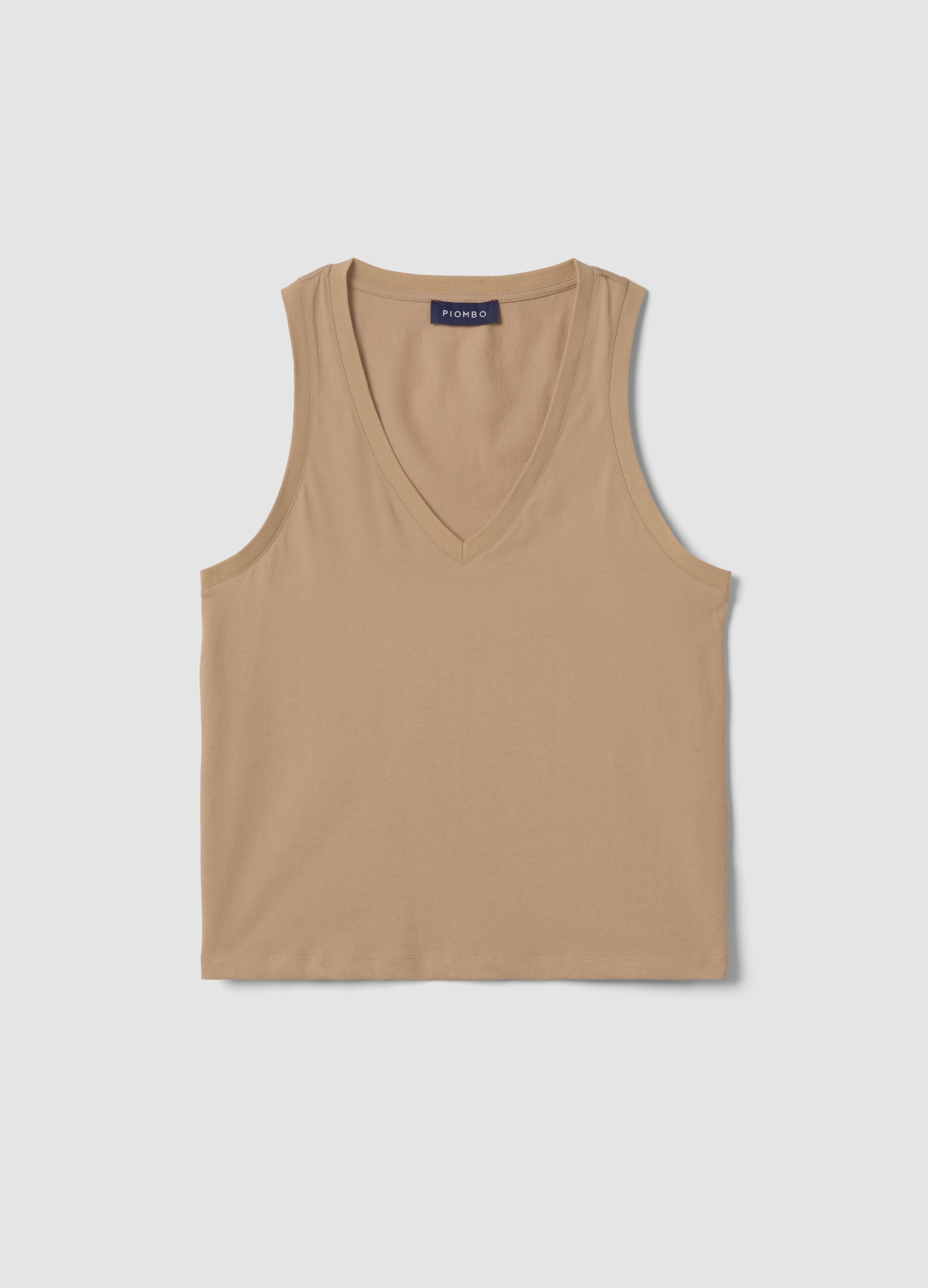 Beige cotton blend regular fit V-neck tank top