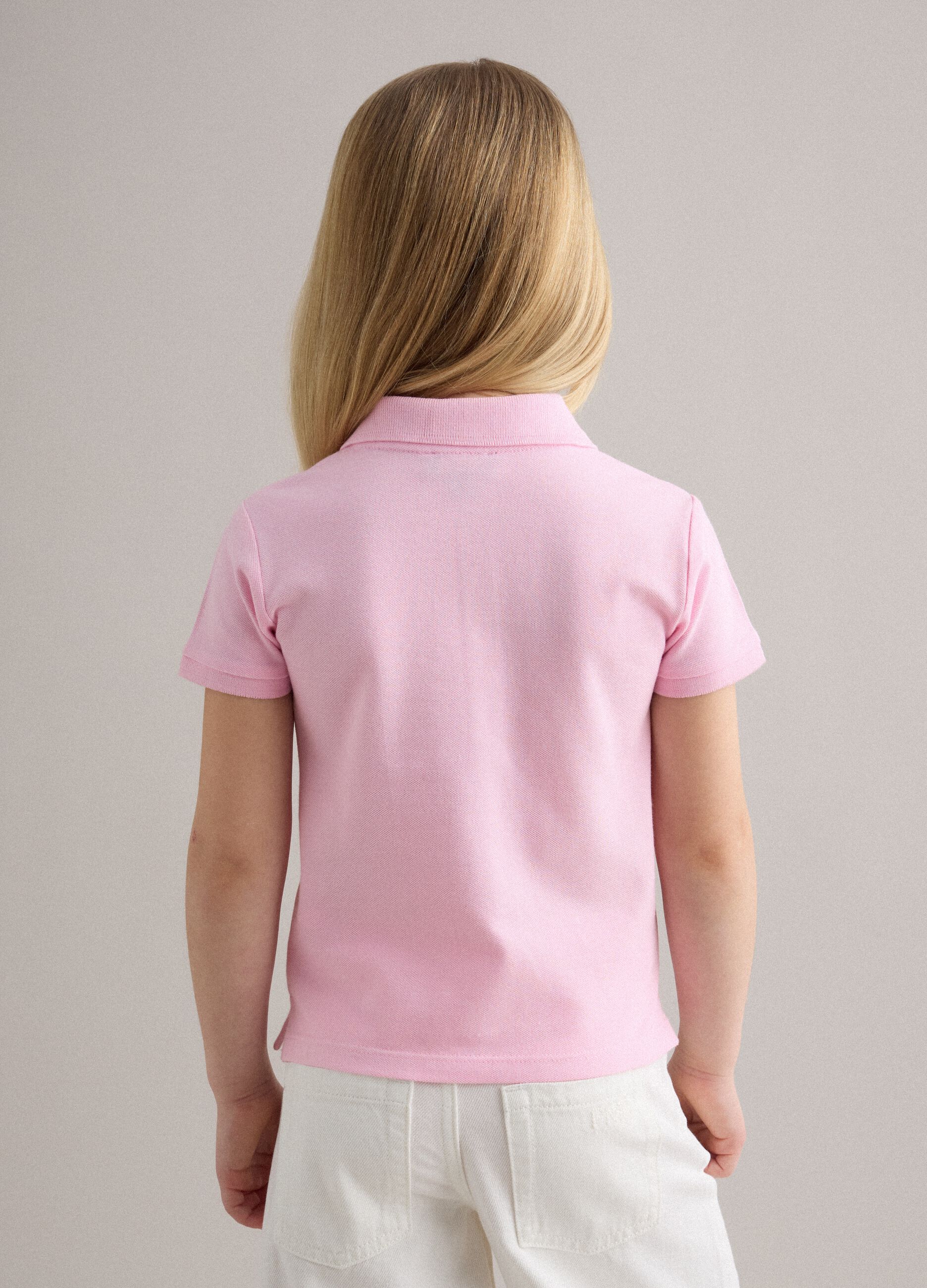 Girls' pink pure cotton polo, regular fit with embroidered flowers