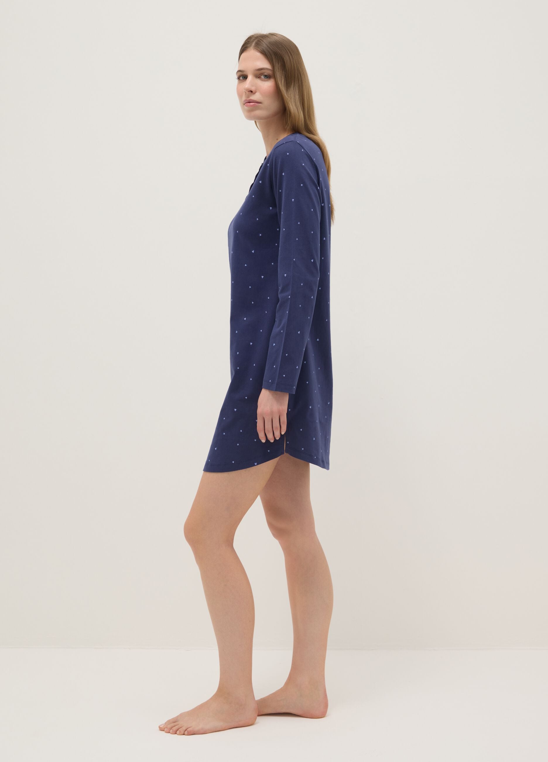 Blue pure cotton nightdress with hearts and serafina collar