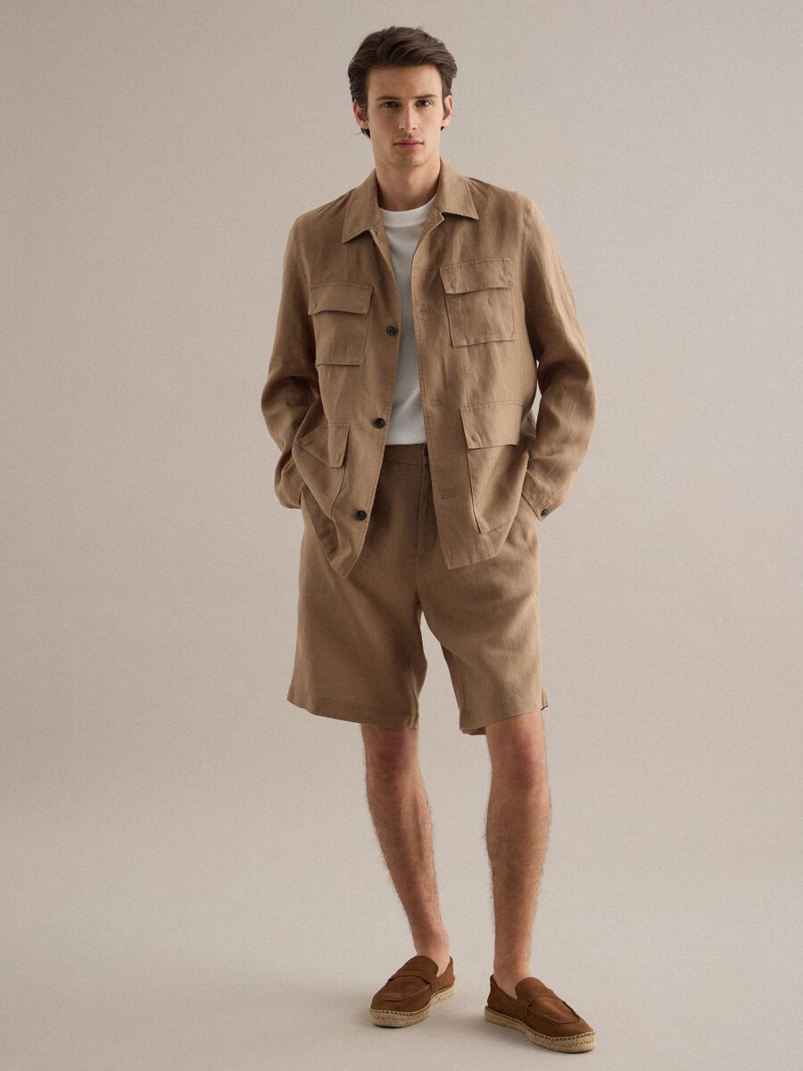 Regular Fit Brown Pure Linen Bermuda Shorts_0