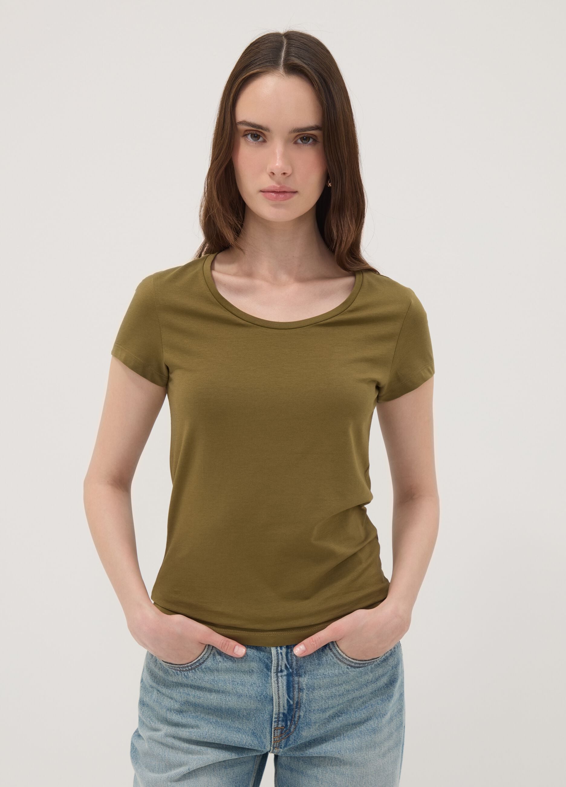 Green stretch cotton crew-neck T-shirt, regular fit