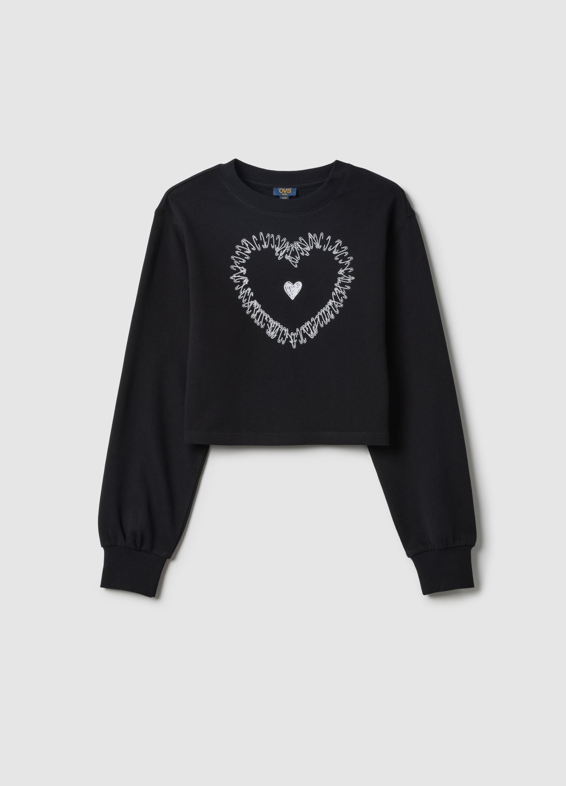 Girl's regular fit black pure cotton sweatshirt with embroidered heart