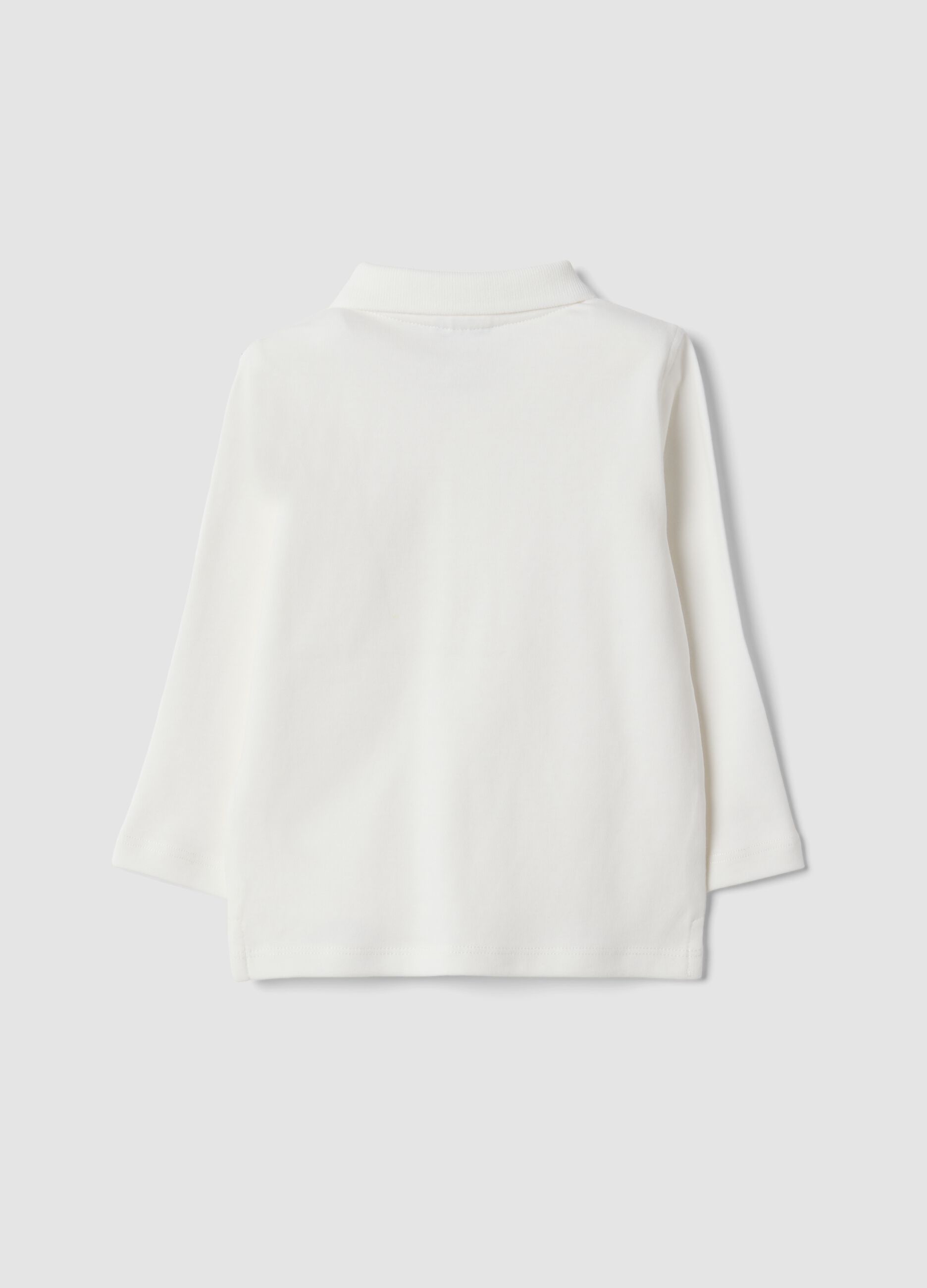 White long-sleeved polo shirt in pure organic cotton for baby boy