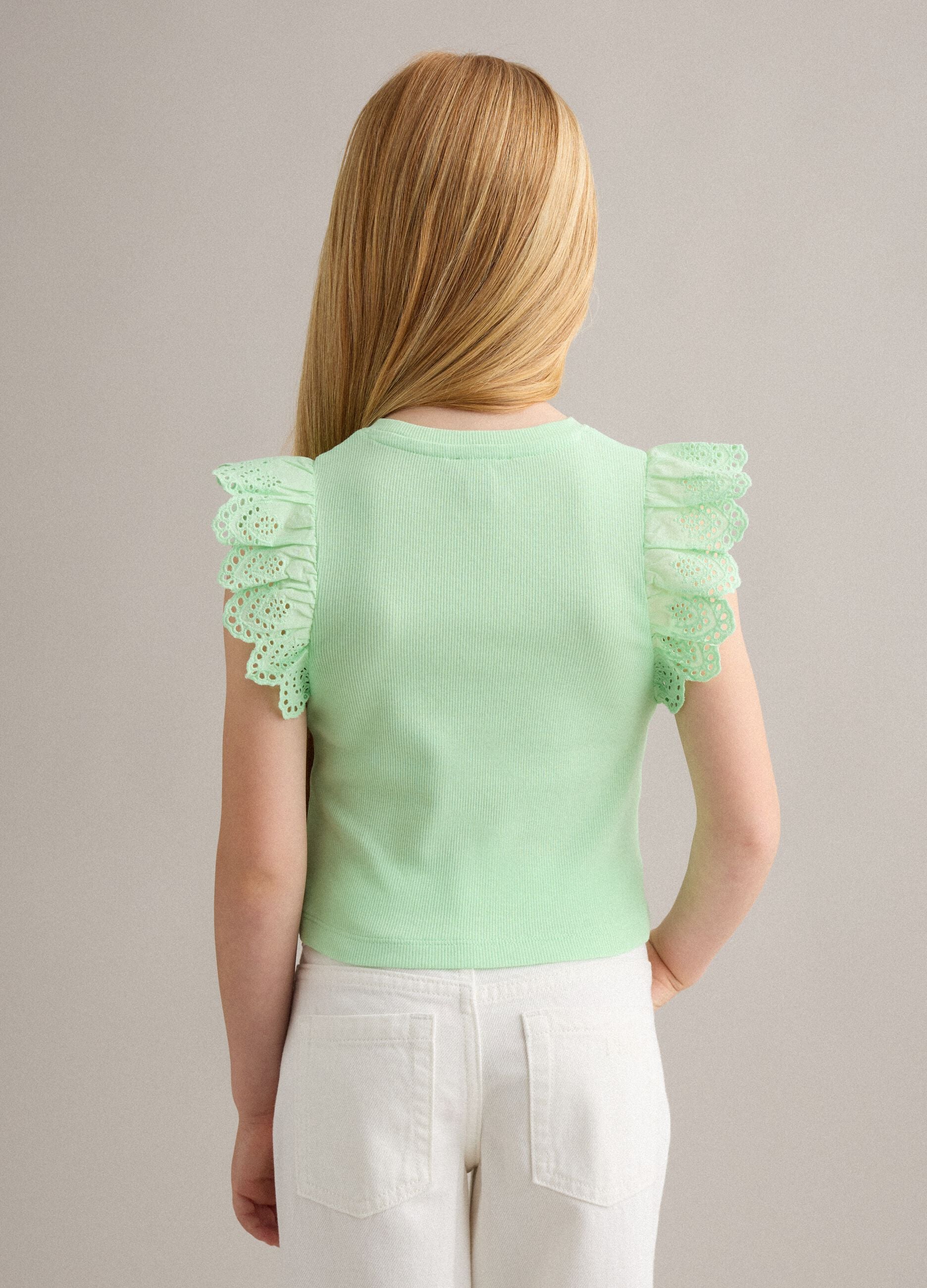 Girls&rsquo; green stretch cotton vest top with ruffles