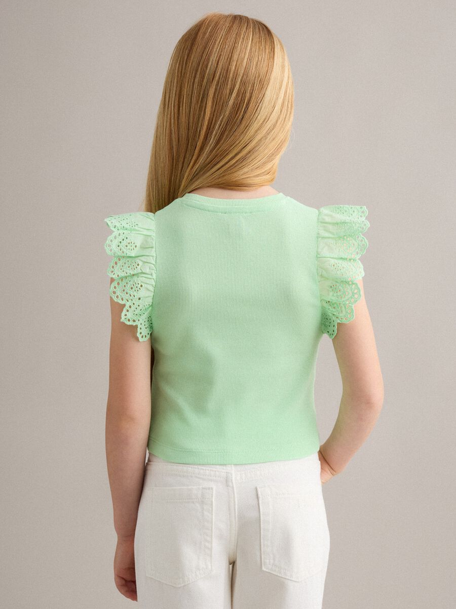 Girls&rsquo; green stretch cotton vest top with ruffles_1