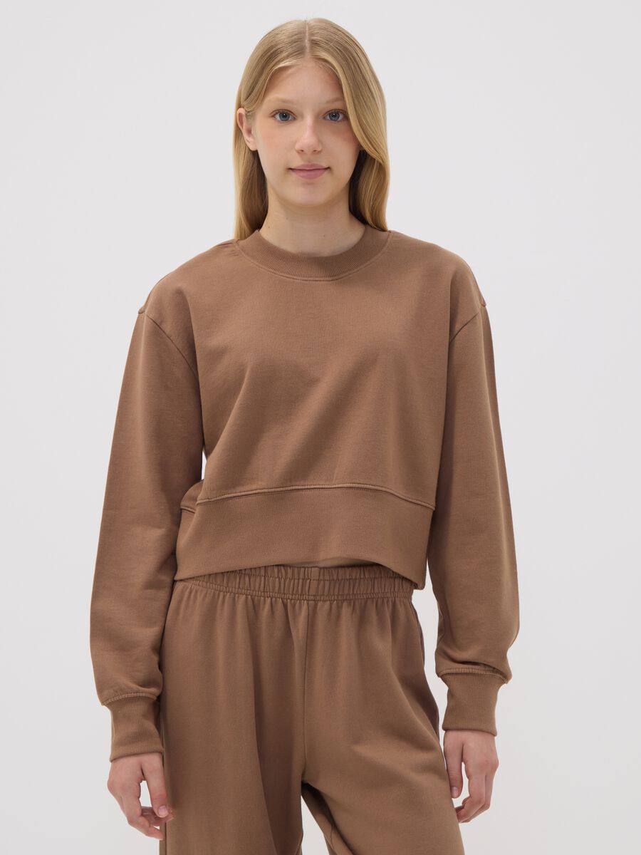 Brown sweatshirt in organic cotton and viscose blend with ribbed neckline_1