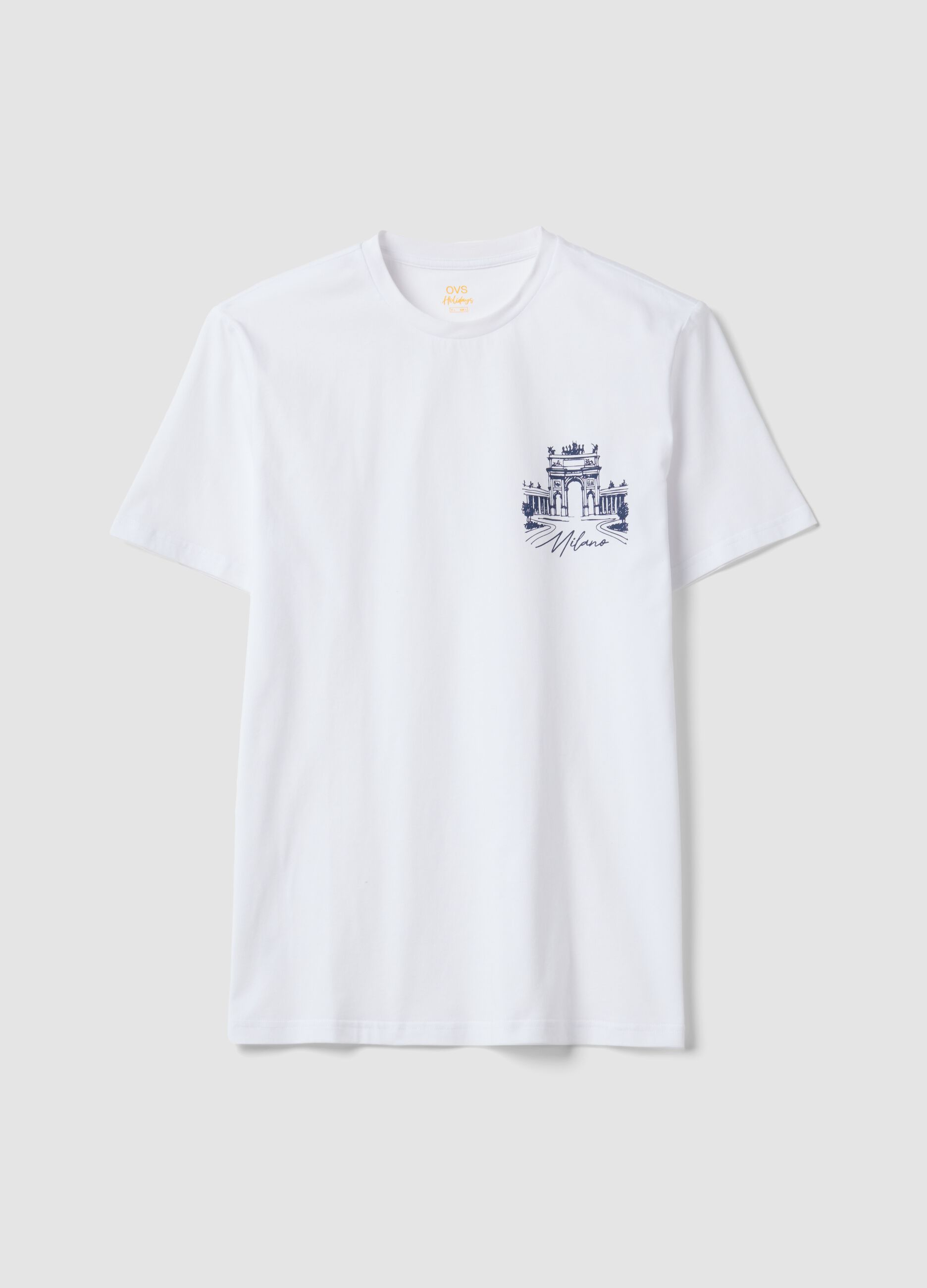 White pure cotton T-shirt with chest print, regular fit
