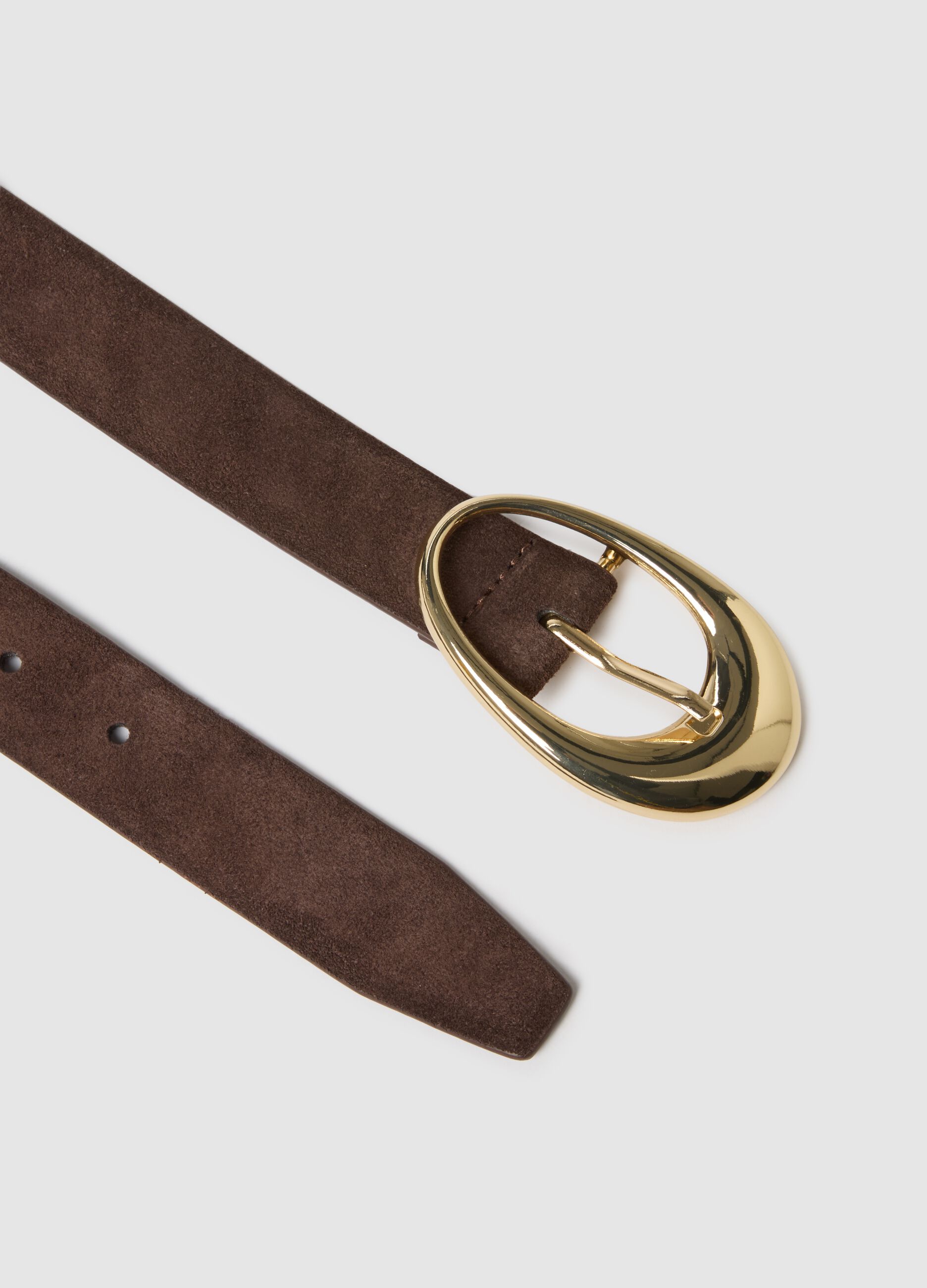 Brown genuine leather belt with golden buckle