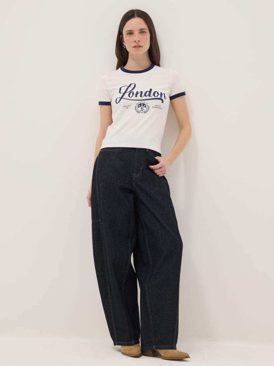 White stretch cotton T-shirt regular fit with blue print_2