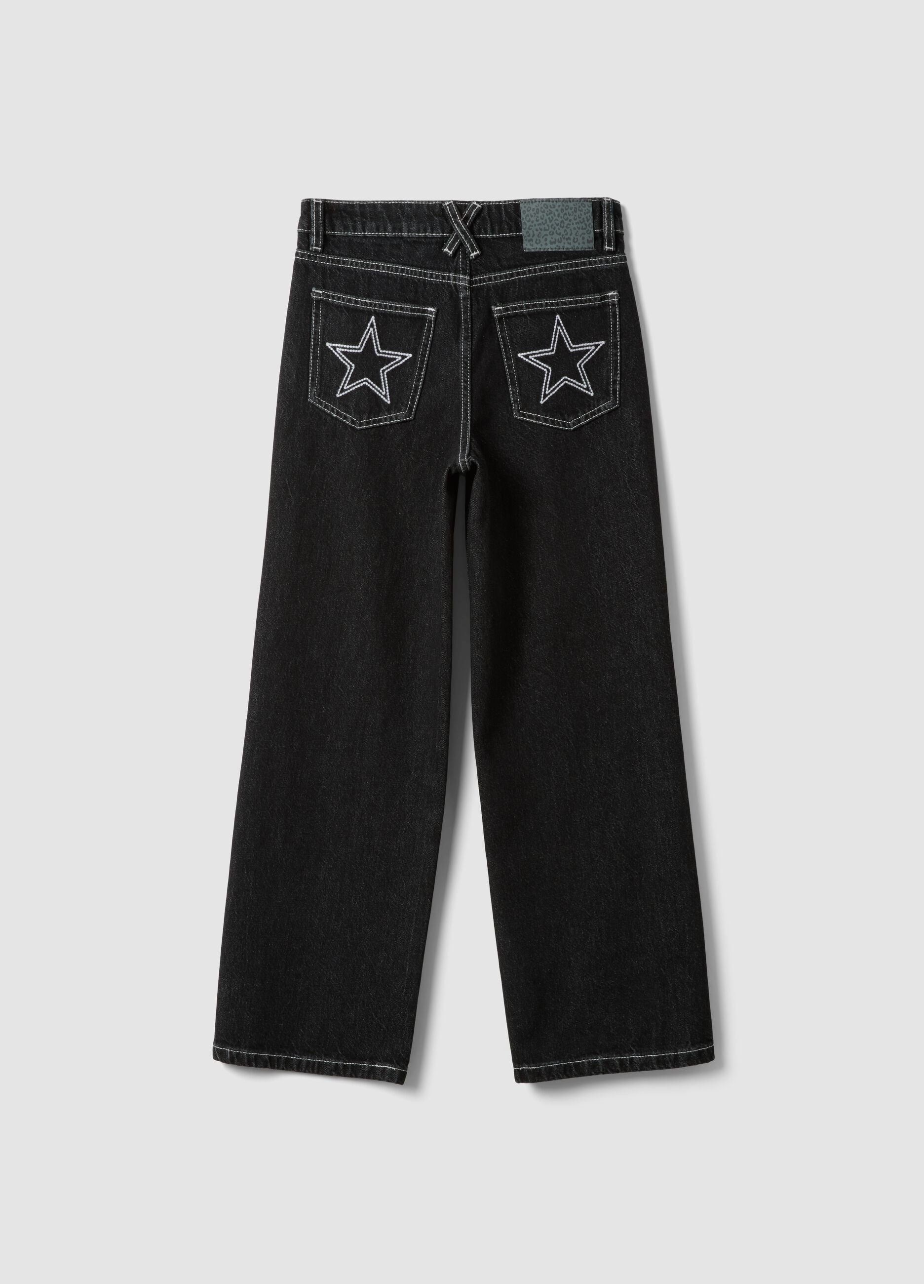 Black straight-leg pure cotton jeans with star detail for girls