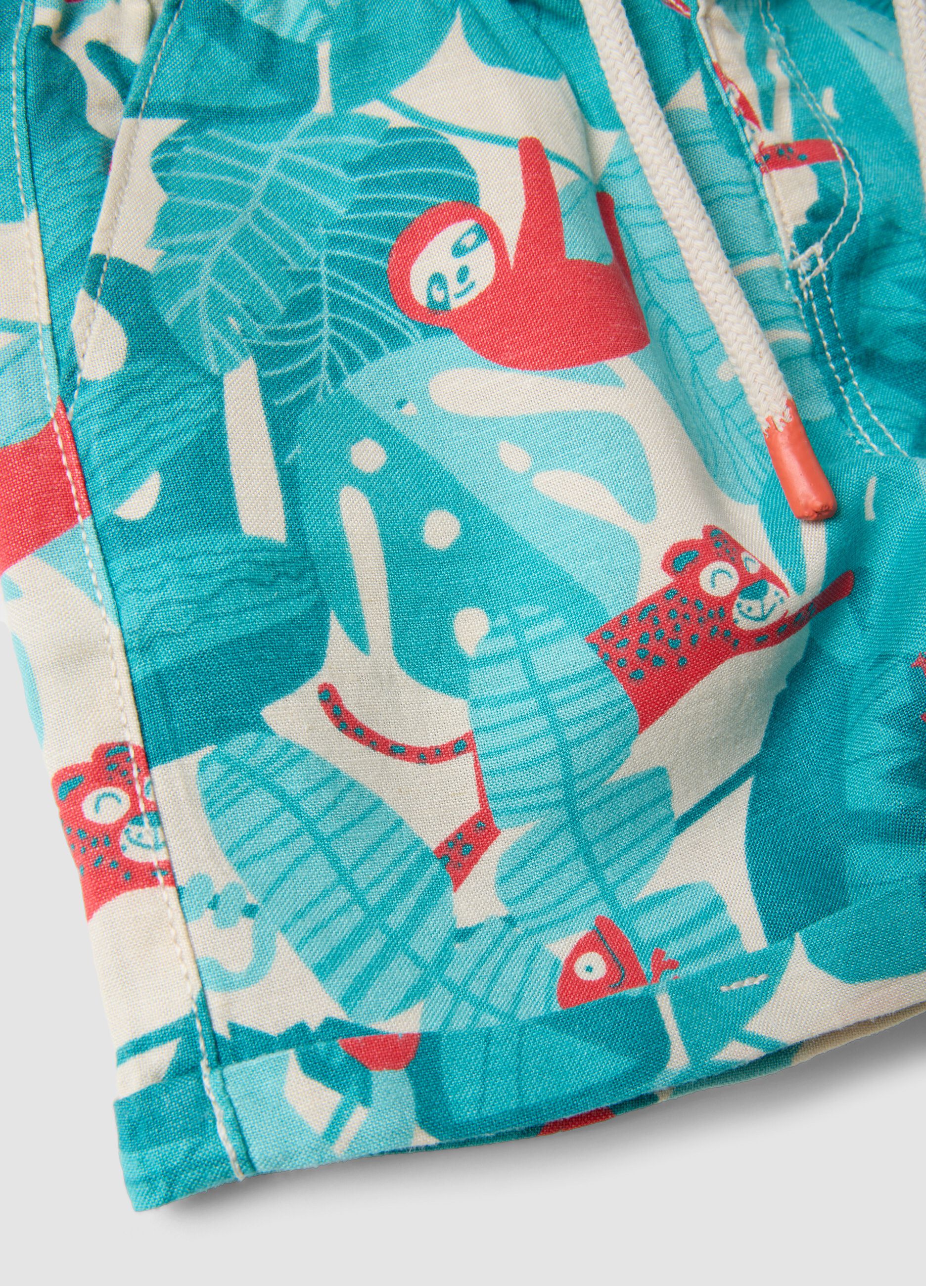 Blue viscose-linen blend tropical print shorts for boys, regular fit