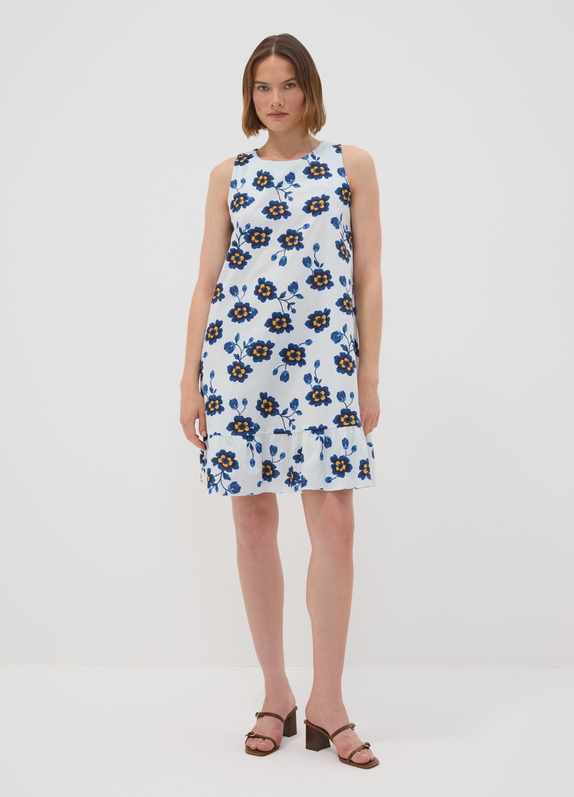 White stretch cotton dress with floral print, regular fit