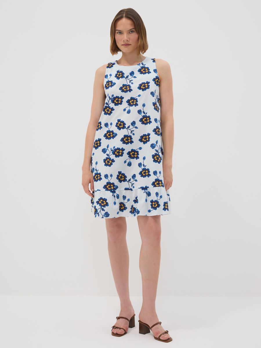 White stretch cotton dress with floral print, regular fit_0