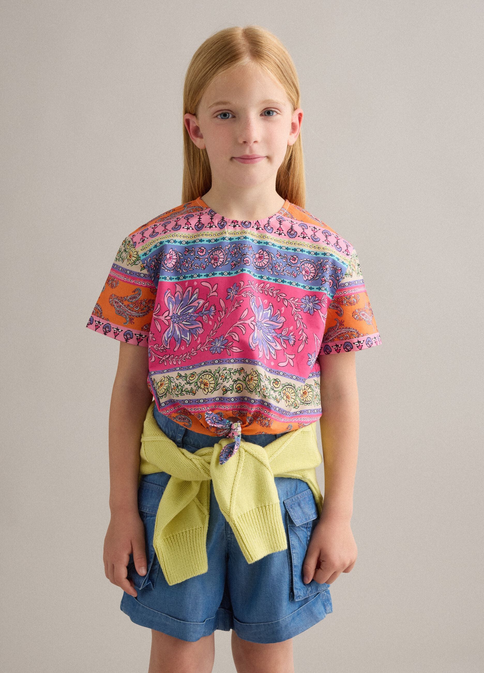Multicoloured pure cotton shirt with front tie