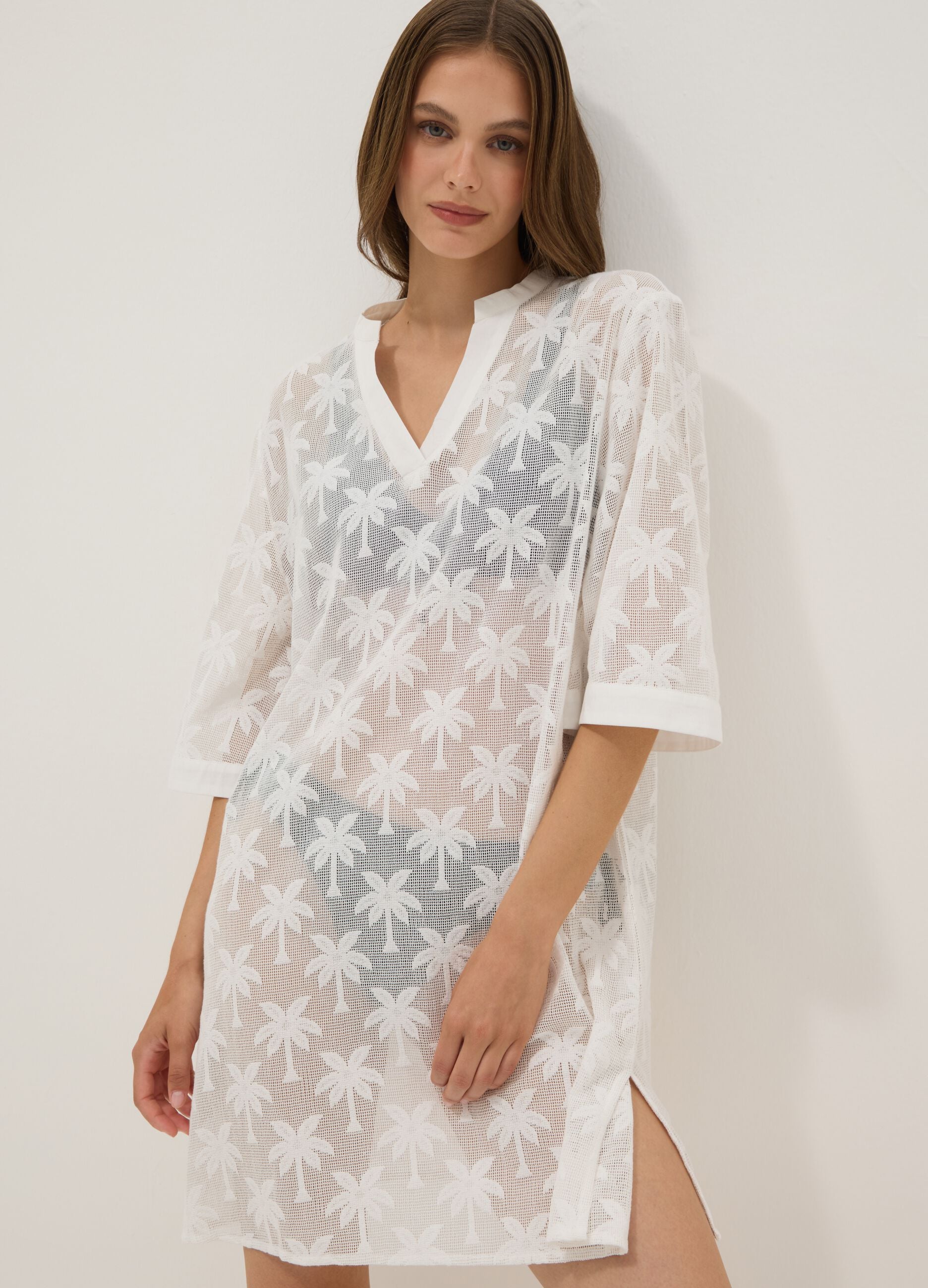 White cotton-blend kaftan