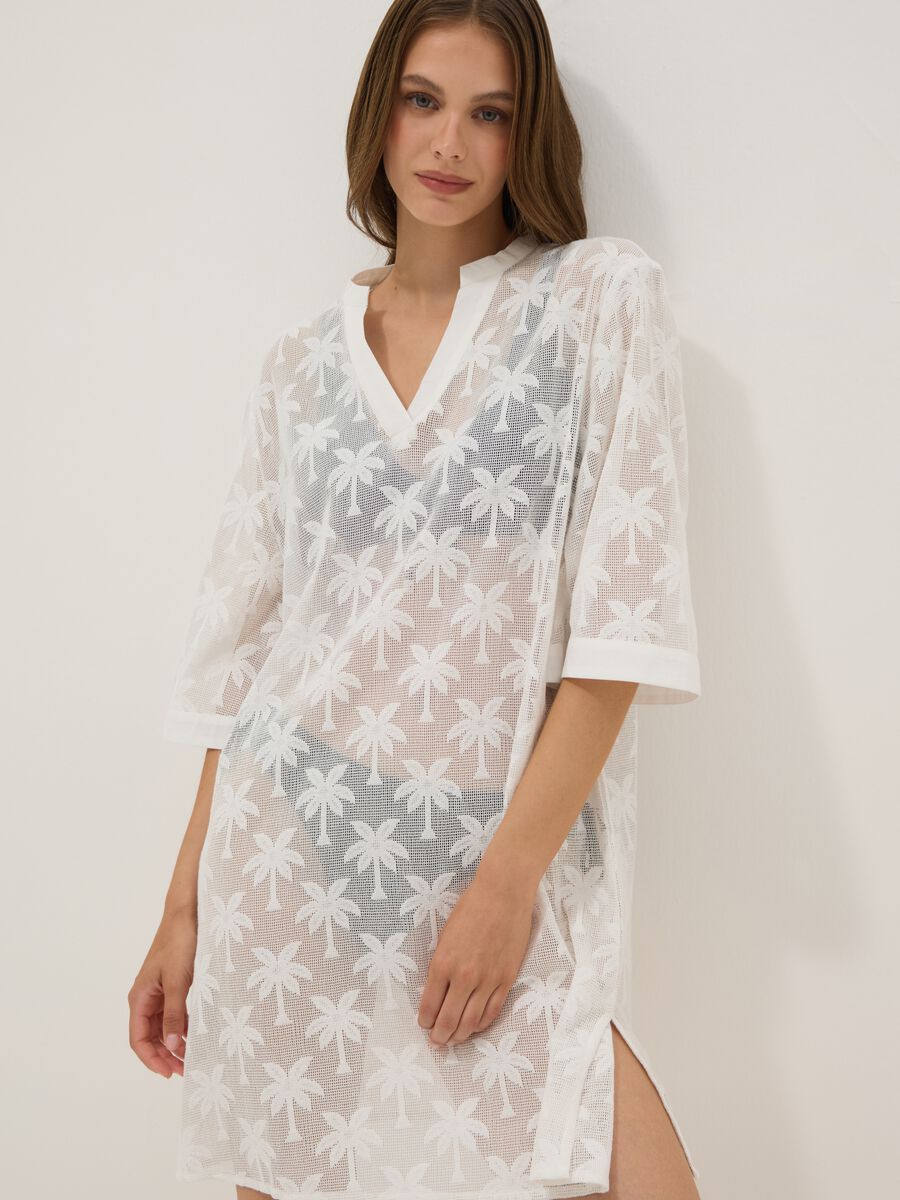 White cotton-blend kaftan_0