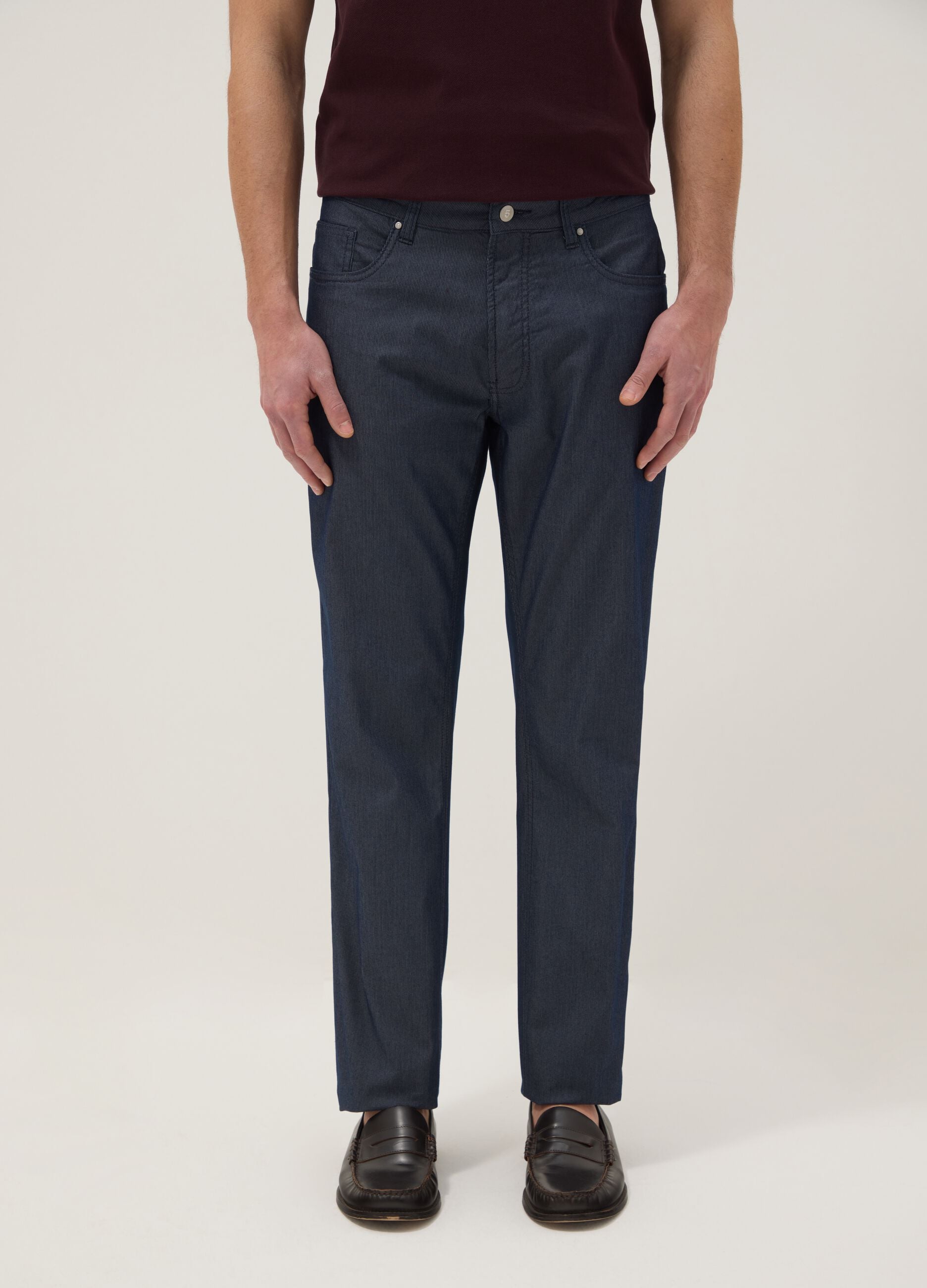Blue stretch cotton trousers with five pockets