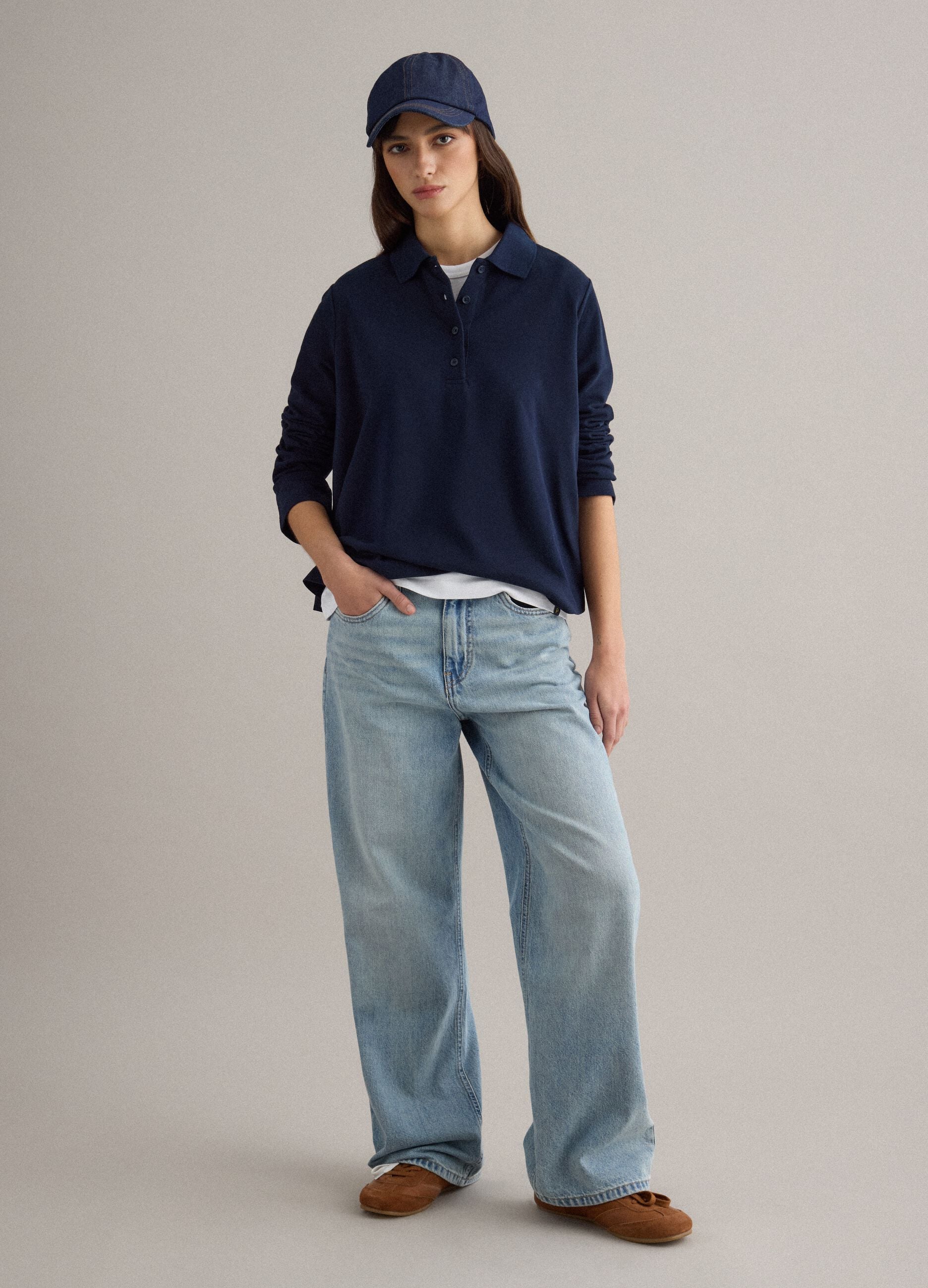 Long-sleeve blue polo shirt in pure cotton regular fit