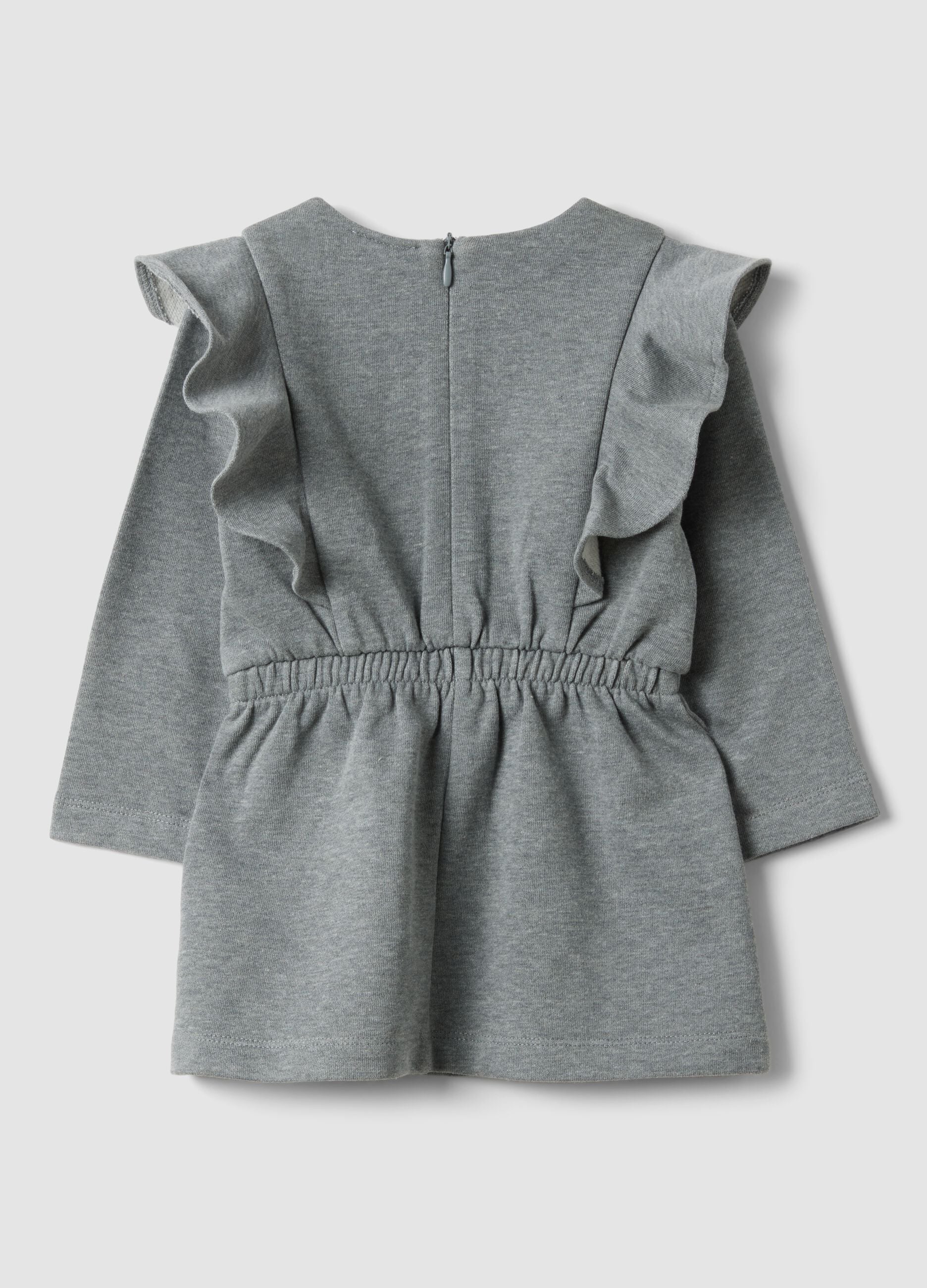 Grey cotton-blend dress with ruffles and bow for baby girl
