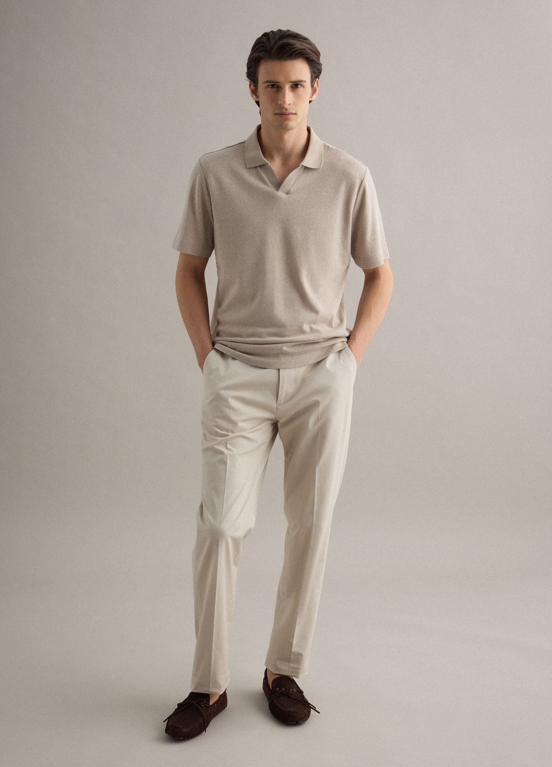 Beige linen and cotton blend polo regular fit