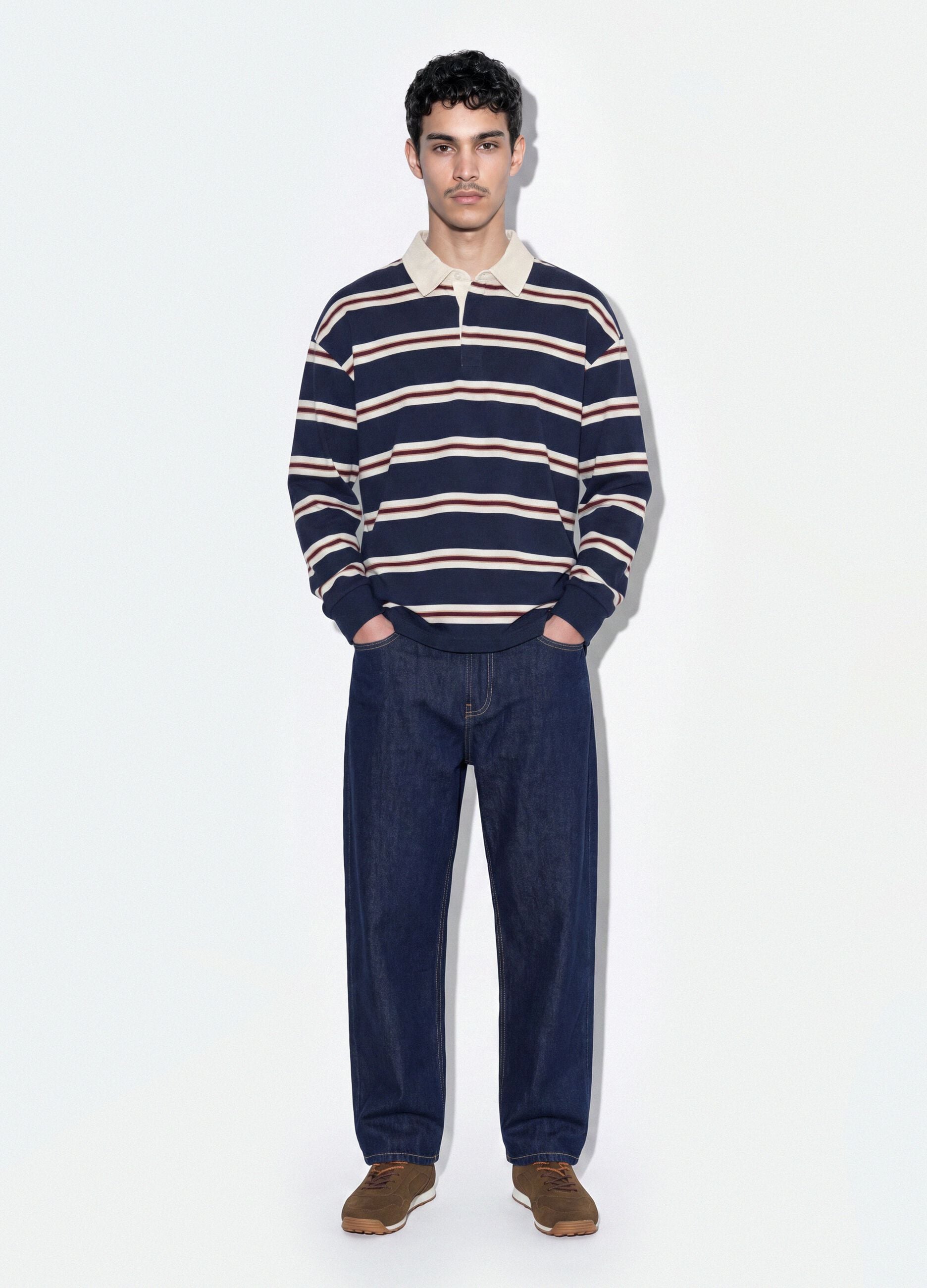 Blue striped pure cotton rugby polo with classic collar