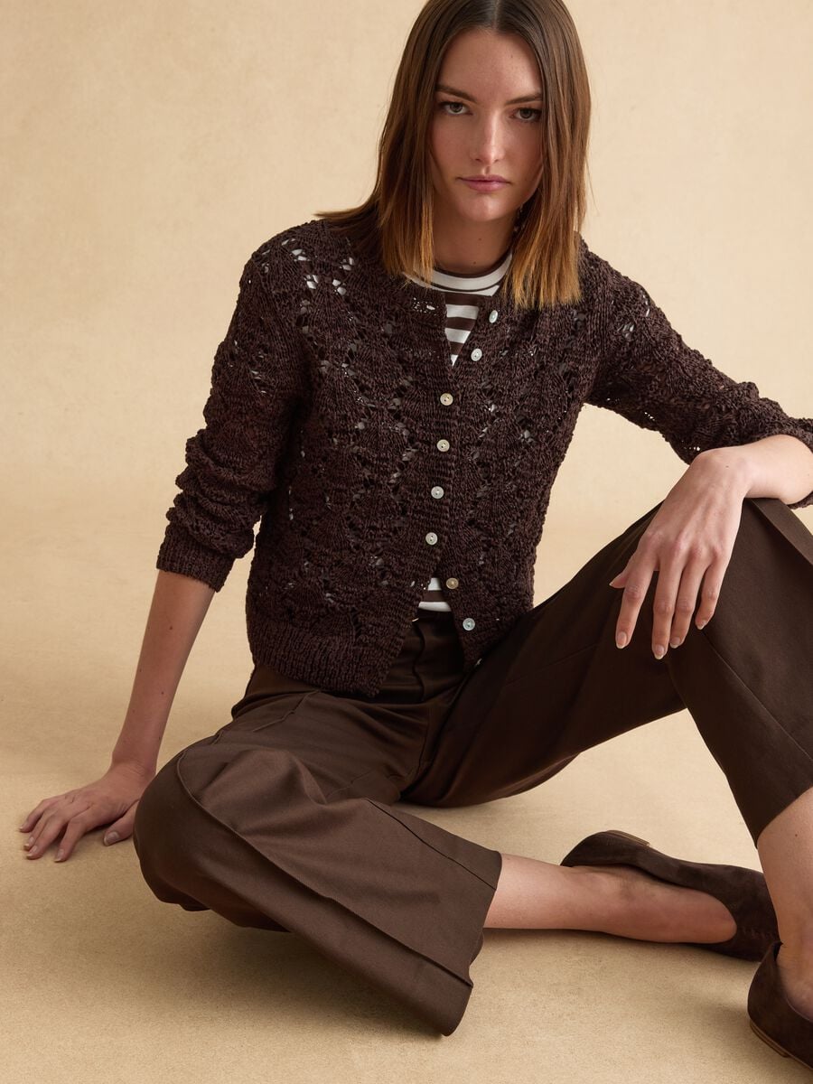 Brown cotton blend cardigan with regular fit and knitted design_1